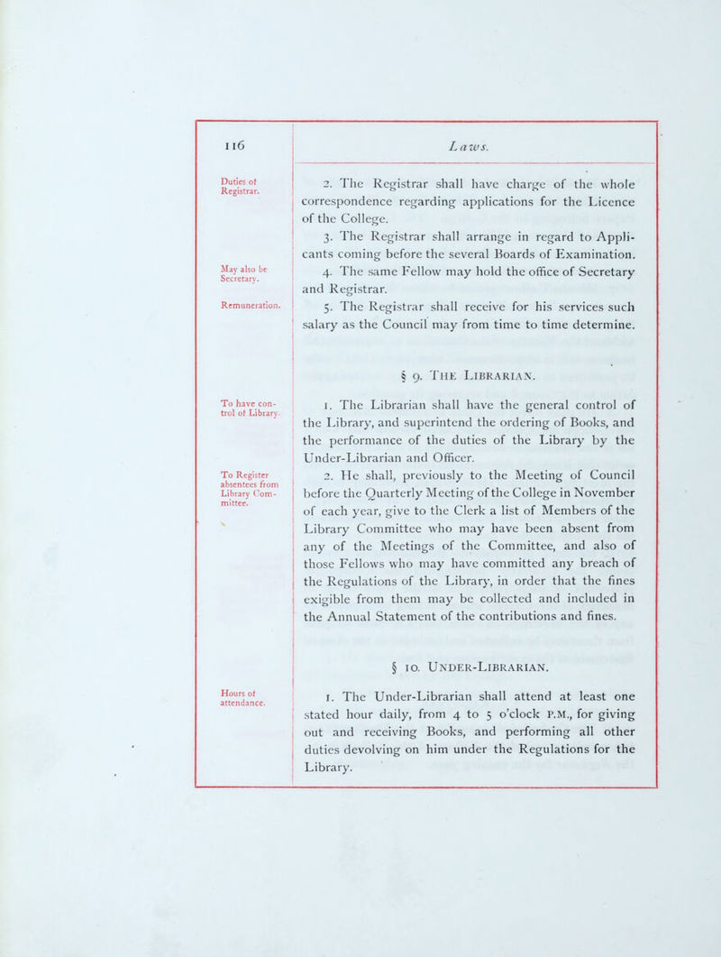 Duties ot Registrar. May also be Secretary. Remuneration. To have con- trol ot Library- To Register absentees from Library Com- mittee. Hours of attendance. 2. The Registrar shall have charge of the whole correspondence regarding applications for the Licence of the College. 3. The Registrar shall arrange in regard to Appli- cants coming before the several Boards of Examination. 4. The same Fellow may hold the office of Secretary and Registrar. 5. The Registrar shall receive for his services such salary as the Council may from time to time determine. 5 9. The Librariax. 1. The Librarian shall have the general control of the Library, and superintend the ordering of Books, and the performance of the duties of the Library by the Under-Librarian and Officer. 2. He shall, previously to the Meeting of Council before the Quarterly Meeting of the College in November of each year, give to the Clerk a list of Members of the Library Committee who may have been absent from any of the Meetings of the Committee, and also of those Fellows who may have committed any breach of the Regulations of the Library, in order that the fines exigible from them may be collected and included in the Annual Statement of the contributions and fines. § 10. Under-Librarian. I. The Under-Librarian shall attend at least one stated hour daily, from 4 to 5 o'clock P.M., for giving out and receiving Books, and performing all other duties devolving on him under the Regulations for the Library.