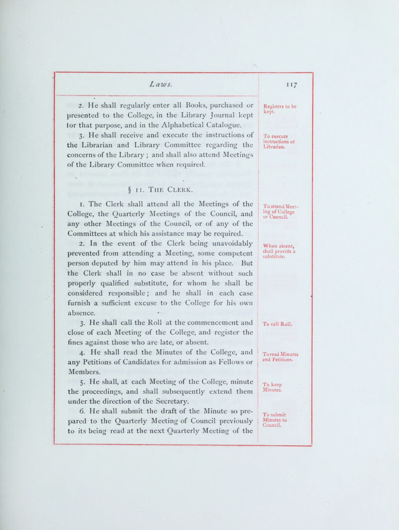 2. He shall regularly enter all Books, purchased or presented to the College, in the Library Journal kept for that purpose, and in the Alphabetical Catalogue. 3. He shall receive and execute the instructions of the Librarian and Library Committee regarding the concerns of the Library ; and shall also attend Meetings of the Library Committee when required. § I r. The Clerk. 1. The Clerk shall attend all the Meetings of the College, the Quarterly Meetings of the Council, and any other Meetings of the Council, or of any of the Committees at which his assistance may be required. 2. In the event of the Clerk being unavoidably prevented from attending a Meeting, some competent person deputed by him may attend in his place. But the Clerk shall in no case be absent without such properly qualified substitute, for whom he shall be considered responsible; and he shall in each case furnish a sufficient excuse to the College for his own absence. 3. He shall call the Roll at the commencement and close of each Meeting of the College, and register the fines against those who are late, or absent. 4. He shall read the Minutes of the College, and any Petitions of Candidates for admission as Fellows or Members. 5. He shall, at each Meeting of the College, minute the proceedings, and shall subsequently extend them under the direction of the Secretary. 6. He shall submit the draft of the Minute so pre- pared to the Quarterly Meeting of Council previously to its being read at the next Quarterly Meeting of the Registers to be kept. To execute instructions ot Librarian. To attend Meet- ing of College or Council. When absent, shall provide a substitute. To call Roll. To read Minutes and Petitions. To keep Minutes. To submit Minutes to Council.