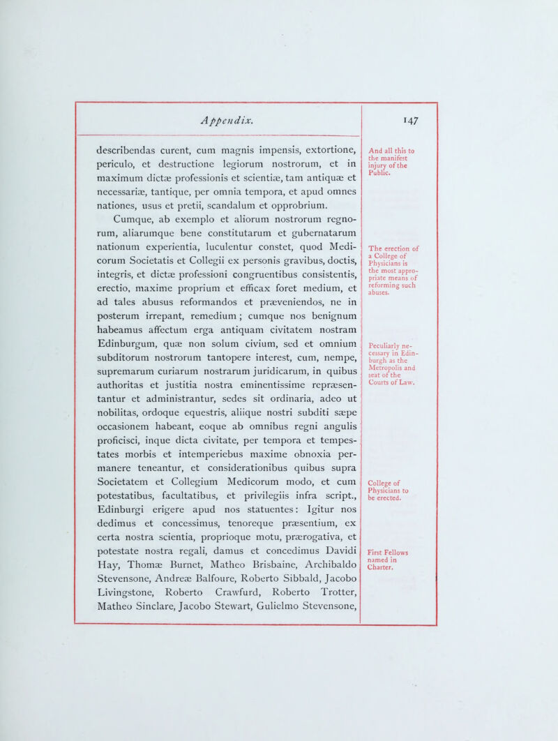 describendas curent, cum magnis impensis, extortione, periculo, et destructione legiorum nostrorum, et in maximum dictse professionis et scientiae, tam antiquae et necessarise, tantique, per omnia tempora, et apud omnes nationes, usus et pretii, scandalum et opprobrium. Cumque, ab exemplo et aliorum nostrorum regno- rum, aliarumque bene constitutarum et gubernatarum nationum experientia, luculentur constet, quod Medi- | corum Societatis et Collegii ex personis gravibus, doctis, ' integris, et dictse professioni congruentibus consistentis, erectio, maxime proprium et efficax foret medium, et ad tales abusus reformandos et praeveniendos, ne in j posterum irrepant, remedium ; cumque nos benignum habeamus affectum erga antiquam civitatem nostram . Edinburgum, quje non solum civium, sed et omnium j subditorum nostrorum tantopere interest, cum, nempe, supremarum curiarum nostrarum juridicarum, in quibus i authoritas et justitia nostra eminentissime repraesen- ' tantur et administrantur, sedes sit ordinaria, adeo ut nobilitas, ordoque equestris, aliique nostri subditi saepe occasionem habeant, eoque ab omnibus regni angulis ' proficisci, inque dicta civitate, per tempora et tempes- tates morbis et intemperiebus maxime obnoxia per- \ manere teneantur, et considerationibus quibus supra Societatem et Collegium Medicorum modo, et cum potestatibus, facultatibus, et privilegiis infra script., Edinburgi erigere apud nos statuentes: Igitur nos dedimus et concessimus, tenoreque praesentium, ex certa nostra scientia, proprioque motu, praerogativa, et potestate nostra regali, damus et concedimus Davidi Hay, Thomas Burnet, Matheo Brisbaine, Archibaldo Stevensone, Andreae Balfoure, Roberto Sibbald, Jacobo Livingstone, Roberto Crawfurd, Roberto Trotter, Matheo Sinclare, Jacobo Stewart, Gulielmo Stevensone, And all this to the manifest injury of the Public. The erection of a College of Physicians is the most appro- priate means of reforming such abuses. Peculiarly ne- cessary in Edin- burgh as the Metropolis and seat of the Courts of Law. College of Physicians to be erected. First Fellows named in Charter.