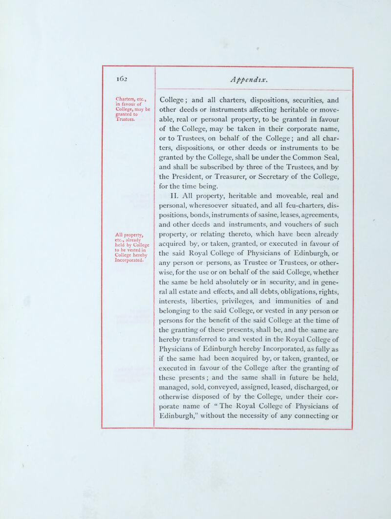 Charters, etc., in favour of College, may be granted to Trustees. All property, etc., already held by College to be vested in College hereby Incorporated. College; and all charters, dispositions, securities, and other deeds or instruments affecting heritable or move- able, real or personal property, to be granted in favour of the College, may be taken in their corporate name, or to Trustees, on behalf of the College; and all char- ters, dispositions, or other deeds or instruments to be granted by the College, shall be under the Common Seal, and shall be subscribed by three of the Trustees, and by the President, or Treasurer, or Secretary of the College, for the time being. II. All property, heritable and moveable, real and personal, wheresoever situated, and all feu-charters, dis- positions, bonds, instruments of sasine, leases, agreements, and other deeds and instruments, and vouchers of such property, or relating thereto, which have been already acquired by, or taken, granted, or executed in favour of the said Royal College of Physicians of Edinburgh, or any person or persons, as Trustee or Trustees, or other- wise, for the use or on behalf of the said College, whether the same be held absolutely or in security, and in gene- ral all estate and effects, and all debts, obligations, rights, interests, liberties, privileges, and immunities of and belonging to the said College, or vested in any person or persons for the benefit of the said College at the time of the granting of these presents, shall be, and the same are hereby transferred to and vested in the Royal College of Physicians of Edinburgh hereby Incorporated, as fully as if the same had been acquired by, or taken, granted, or executed in favour of the College after the granting of these presents ; and the same shall in future be held, managed, sold, conveyed, assigned, leased, discharged, or otherwise disposed of by the College, under their cor- porate name of  The Royal College of Physicians of Edinburgh, without the necessity of any connecting or