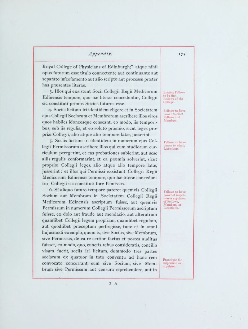 Royal College of Physicians of Edinburgh; atque nihil opus futurum esse titulo connectente aut continuante aut separato infeofamento aut alio scripto aut processu prseter has prassentes literas. 3. Illosqui exsistunt Socii Collegii Regii Medicorum Edinensis tempore, quo hse literae conceduntur, Collegii sic constituti primos Socios futuros esse. 4. Sociis licitum iri identidem eligere et in Societatem ejus Collegii Sociorum et Membrorum ascribere illos viros quos habiles idoneosque censeant, eo modo, iis tempori- bus, sub iis regulis, et eo soluto praemio, sicut leges pro- prias Collegii, alio atque alio tempore latae, jusserint. 5. Sociis licitum iri identidem in numerum ejus Col- legii Permissorum ascribere illos qui eum studiorum cur- riculum peregerint, et eas probationes subierint, aut sese aliis regulis conformarint, et ea praemia solverint, sicut propriae Collegii leges, alio atque alio tempore latae, jusserint: et illos qui Permissi exsistunt Collegii Regii Medicorum Edinensis tempore, quo hae literae concedun- tur, Collegii sic constituti fore Pemissos. 6. Si aliquo futuro tempore pateret quemvis Collegii Socium aut Membrum in Societatem Collegii Regii Medicorum Edinensis ascriptum fuisse, aut quemvis Permissum in numerum Collegii Permissorum ascriptum fuisse, ex dolo aut fraude aut mendacio, aut alterutrum quamlibet Collegii legem propriam, quamlibet regulam, aut quodlibet praeceptum perfregisse, tunc et in omni hujusmodi exemplo, quum is, sive Socius, sive Membrum, sive Permissus, de ea re certior factus et postea auditus fuisset, eo modo, quo, cunctis rebus consideratis, concilio visum fuerit, sociis iri licitum, dummodo tres partes sociorum ex quatuor in toto conventu ad banc rem convocato concurrant, eum sive Socium, sive Mem- brum sive Permissum aut censura reprehendere, aut in Existing Fellows to be first Fellows of tlie College. Fellows to have power to elect Fellows and Members. Fellows to have power to admit Licentiates. Fellows to have power of suspen- sion or expulsion of Fellows, Membeis, or Licentiates. Procedure for suspension or expulsion. 2 A