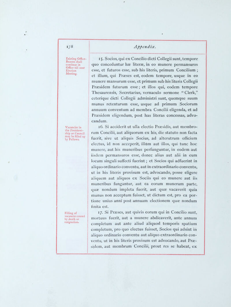 Existing Office- Beaiers shall continue in Office till next Election Meeting. Vacancies in the President- ship or Council may be filled up by Feilows. Filling of vacancies caused by death or resignation. 15. Socios, qui ex Concilio dicti CoUegii sunt, tempore quo conceduntur hae literae, in eo munere permansuros esse, et futuros esse, sub his literis, primum Concilium ; et ilium, qui Praeses est, eodem tempore, usque in eo munere mansurum esse, et primum sub his literis CoUegii Prsesidem futurum esse; et illos qui, eodem tempore Thesaurensis, Secretarius, vernaculo sermone  Clerk, ceterique dicti CoUegii administri sunt, quemque suum munus retenturum esse, usque ad primum Sociorum annuum conventum ad membra Concilii eligenda, et ad Praesidem eligendum, post has literas concessas, advo- candum. 16. Si acciderit ut ulla electio Praesidis, aut membro- rum Concilii, aut aliquorum ex his, die statuto non facta fuerit, sive ut aliquis Socius, ad alterutrum officium elfctus, id non acceperit, ilium aut illos, qui tunc hoc munere, aut his muneribus perfunguntur, in eodem aut iisdem permansuros esse, donee alius aut alii in eum locum singuli sufifecti fuerint; et Socios qui adfuerint in aliquo ordinario conventu, aut in extraordinario conventu, ut: in his literis provisum est, advocando, posse eligere aliquem aut aliquos ex Sociis qui eo munere aut iis muneribus fungantur, aut ea eorum munerum parte, quae nondum impleta fuerit, aut quae vacaverit quia munus non acceptum fuisset, ut dictum est, pro ea por- tione unius anni post annuam electionem quai nondum finita est. 17. Si Praeses, aut quivis eorum qui in Concilio sunt, mortuus fuerit, aut a munere abdicaverit, ante annum completum aut ante aliud aliquod temporis spatium completum, pro quo electus fuisset, Socios qui adsint in aliquo ordinario conventu aut aliquo extraordinario con- ventu, ut in his literis provisum est advocando, aut Prse- sidem, aut membrum Concilii, prout res se habeat, ex