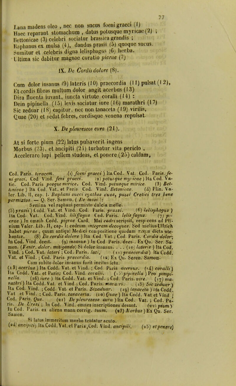Lana madens oleo , nec non ancus foenigraeci (I) Haec reparant stomachura , datus potusque myncae(2) ; Uetlonicae (3) celebri socialur brassicagrandis ; Hophanusex mulsa (4), dandus prasii (5) quoque sucus. Sumilur el celebris digna lelisphagus (Gj herba. lltima sic dabitur magnae curatio picrue (7j iX. De Cordisdolore (8). Cura dolor insanus ^9) lateris (10) praecordia (II) pulsat (12), Kl cordis fibras raultum doior angit acerbus (13) Dira fluenta iuvant, iuncta virlute coralli (14) : Dein pipinella (15) levis sociatur iure(I6) maralhri (17) Sic zeduar (18) capitur, nec non lanacela (19) virilis, Quae (20) et sedat febres, cordisque venena repulsat- X. Depleureseos cura (21). At si forte pium (22) latus pulsaverit ingens Morbus (-'3), et ancipiti (2'f) turbatur vita periclo , Accelerare lupi pellem studeas, et ponere (25) caldam, Cod. Paris. tcracem. {\) foenigraeei)\i&Q.GA. Vat. Cod. Paris.^- nigreci. Cod Vind. feni graeci. (2) potusque viy) icae ) Ita Cod. Va- tic. Cod. Paris posque mirice. Cod. ymd. potusque mirice- (5) Bet- tonicae ) Ifa Cod. Vat. et Poris Cod. Vind. Betonicae. (4) Plin. Va- ler.Lib. II, cap. !• Raphani succi cyalhos duoSj passi Cretici tres bene permixtos — Q. Ser. Samon. ( JJe tvssi ): Seniina vel rapiiaui permixto dulcia melle. (6)jirasii) Codd. Vat. et Vind. Cod. Paris. prassi. (^) lelisphagus ) Ita Cod. Vat. Cod. Vind. liliffagvs Cod. Paris. lelisfagus. il) pi- crae ) In omnib Codd. pigrae Card. Mai ^««/ri scripsit, respicens ad Pli- nium Valer. Lib. II, cap. I: cedrum iniegram decoques. Sed meliusUllrich habet picrae , quum antiqu: Mrdici compositione quadam T.iy.^01. dicta ute- bantur. (8) Le cordis dolore ) Ita Cod. Vat.,- Cod Paris. Cordis dolov^ In Cod. Vind. deest. (9) insanus ) In Cod Paris. dees-. Ex Qu. Ser. Sa- mon. {Venlr. dolor. mitigando) Si dolor insanus. . . . (loj lateris ) Ita Cod. Vind. } Cod. Vat. lateri ; Cod. Paris. /ati. (11) praecordia) Ita Codd. Vat. et Vind. ; Cod. Paris precordia. Cia) Ex Qu. Seren. Samoa. Cum subito dolor intanus furit incitus ictu. (i 3) acerbus ) Ita Codd. Vat. et Vind. ; Cod Puris acervus. (i^) coralli) Ita Codd. Vat. et Poris,- Cod. Vind. coralii. {il^'pipineUa ) Pro pimpi- itella. (16) iure ) Ita Codd. Vat. et Vind. ; Cod. Paris. vire. (17) r<jMn ) Jta Codd. Vat. et Vind.; Cod. Paris. mara/n. {\S) Sic zeduar) Ita Cod. Vind. ; Codd. Vat et Paris. Sizaduar. (19) ianaceta ) IfaCodd. Vat et Vind. ; Cod. Paris. tanacerta. (20) Quue) Ita Codd. Vat et Vind - Cod. Paris. jpae. (21) Depleureseos c«ra)ltaCod. Vat. ; Cod. Pa! ris. De Lresi In Cod. Viud. omncs inscriptiones desunt. (a2^pt/m) In Cod. Paris. ex alicna manucorrig. tmim, (23) Morbiis)^x Qu. Ser. Samon. 8i lalus immcritum morbo tenlalur aculo. (»4; ancipiti) Ita Codd. Vftl, ct Paii«,Cod. Viud. ancipili, (a5) elpcnere)