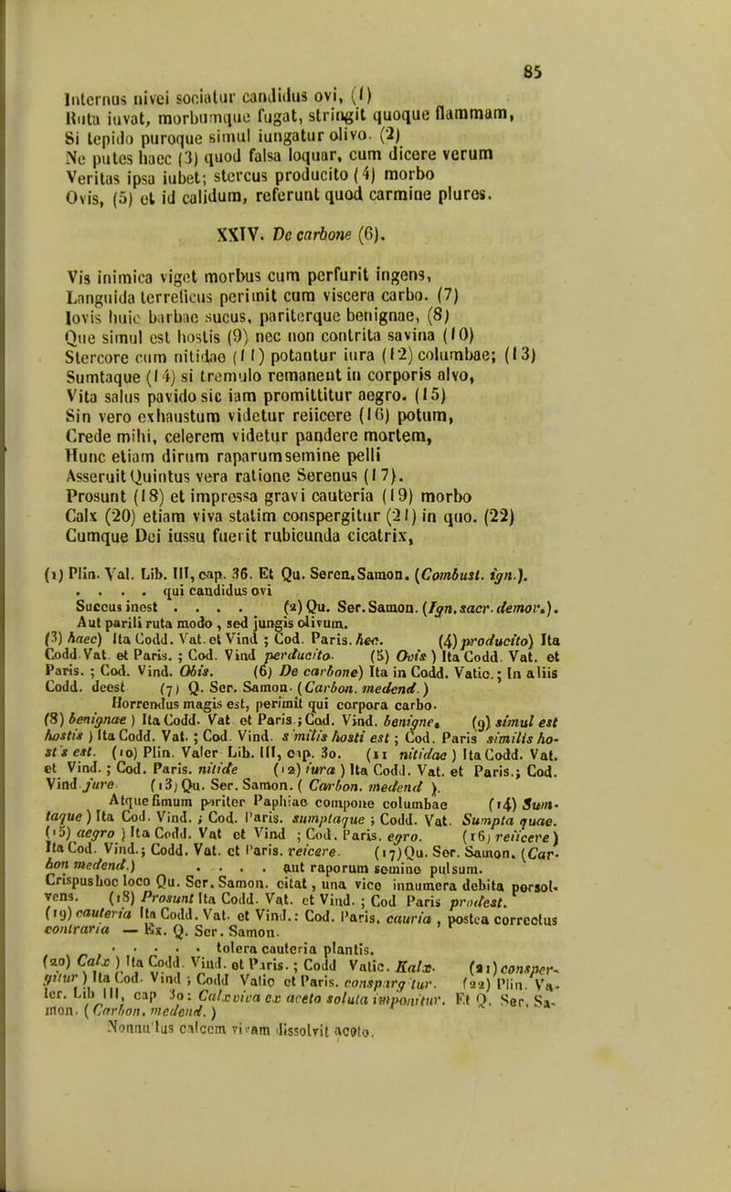 liUcrnus Mivei sonialiir canJidus ovi, (I) Hiily iuvot, morbumque fugat, striiigit quoque flaramam, Si lepitla puroque siinul iungatur olivo. (2) iVe pules haec (3) quod falsa loquar, cum dicere vcrum Veritas ipsa iubet; stcrcus producito(4) morbo Ovis, (5) et id calidum, referuat quod carraine plures. XXIV. Vecarbone (6). Vis inimica vigot morbus cum perfurit ingens, Languida lerrencus pcrimit cum viscera carbo. (7) lovis Imio barbac sucus, pariterque benignae, (8) Que siinul esl hoslis (9) nec non contrita savina (10) Stercore ciim nilidao ((I) potantur iura (J2) columbae; (13) Sumtaque (14) si tremulo remaneut in corporis alvo, Vita salus pavido sic iam promittitur aegro. (15) Sin vero cxhaustum videtur reiicere (16) potum, Crede mihi, celerem videtur pandere martem, Hunc etiam dirum raparumsemine pelli AsseruitQuintus vera ralione Serenus (17). Prosunt (18) et impressa gravi cauteria (19) morbo Calx (20) etiam viva statim conspergitur (21) in quo. (22) Cumque Dci iussu fuerit rubicunda cicatrix, (i) Plin. Yal. Lib. III, cap. fJ6. Et Qu. Serea,Saraon. [Combusl. ign.). . . , . qai candidus ovi Succujinest . . . . _ (^)Qu. Ser.Sa.m.Qn.{fgn,sacr.demoi'»). Aut parili ruta modo , sed jungis olivum. (3) haec) Ita Codd. Vat.et Vind ; Lod. Paris.Acf?. (4)productto) Ita Codd Vat. et Paris. ; Cod. Vind nerducito- (S) Oois ) Ita Codd. Vat. et Paris. ; Cod. Vind. Obis. (6) De carbone) Ita in Codd. Vatio.; In aliis Codd. deest (7) Q. Sat. Sa.movL. {Carbon.medend.) Horremlus magis est, perimit ^ui corpora carbo. (8) beniffna-e ) Ita Codd. Val et Paris.jCod. Vind. benignct (9) simul est hostis ) ItaCodd. Val. ; Cod. Vind. s 'mitishosti est; Cod. Paris similis ho- st t est. (10) Plin. Valer Lib. III, cip. 3o. {11 nitidae ) ItaCodd. Vat. et Vind.; Cod. Paris. niiide (la) iura ) Ita Codd. Vat. et Paris.; Cod. Vind.y«re. (i3; Qu. Ser. Saraon. ( Carbon. medend \. Atquefimum p-iriter Paphiao compone columbae {i^) Swn- taque)ha. Cod. Vind. ; Cod. Paris. sumplaque ; Codd. Vat. Sumpta quae. (•5) «eyro JltaCodd. Vat ol Vind ; Cod. Paris. «^ro. (16j re/Vcerc) itaCod. Vind.; Codd. Vat. ct Paris. veicere- (i7)Qu. Ser. Samon. (Car- bon medend.) . . . . aut raporum semino pulsum. Cnspusboc loco Qu. Scr. Samon. oital, una vice innumera debita persoU vens. (18) Prosunt Ita Codd. Vat. et Vind. ; Cod Paris prodest. {ii))cauteria Ita Codd. Vat. et VinJ.: Cod. Paris. cauria , postca correolus eonlraria — Kx. Q. Scr. Samon. tolera cautcria plantls. (20) Calx ) Ita Codd \^nd. ot P,iris.; Codd Valic. Kalx. {'ii)consper^ gtiur ) lla Cod. Vmd ; Codd Valio ct Paris. conspnrg iur. (22) Plin. Va. lcr. Lil) III cap io: Cal.cvioae.r aceto solulaimponitur. Kt Q, Ser. Sa- mQW. {Cfrrbon, vicdciid. ) Nonnu lus cslccm vi .-am liissolvit acoto.