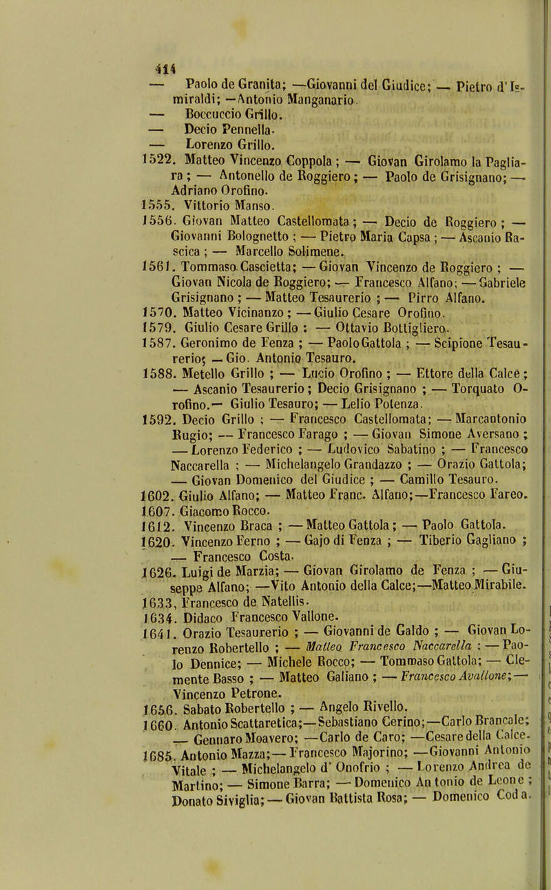 — Paolo de Granita; —Giovanni del Giudicc; Pietro d'Is- miraldi; — Antonio Manganario. — Boccuccio Grillo. — Decio Pennella- — Lorenzo Grillo. 1522. Matteo Vincenzo Coppola ; — Giovan Girolamo la Paglia- ra ; — Antonello de Roggiero; — Paolo de Grisignano; — Adriano Orofino. 1555. Vittorio Manso. J556. Glovan Matteo Castellomata; — Decio de Roggiero ; — Giovanni Bolognetto ; — Pietro Maria Capsa ; — Ascanio Ra- scica ; — Marcello Soliraene. J56J. Tommaso Cascietta; —Giovan Vincenzo de Roggiero ; — Giovan Nicola de Roggiero; — Francesco Alfano; —Gabriele Grisignano ; — Matteo Tesaurerio ; — Pirro Alfano. 1570. Matteo Vicinanzo; —GiuIioCesare Orofino. 1579. Giulio Cesare Grilio : — Ottavio Bottigliero. 1587. Geronimo de Fenza ; — PaoIoGattoIa ; — Scipione Tesau- rerio5 — Gio. Antonio Tesauro. 1588. Metello Grillo ; — Lucio Orofino ; — Ettore della Calc6; — Ascanio Tesaurerio; Decio Grisignano ; — Torquato 0- Tofino.— Giulio Tesauro; — Lelio Potenza. 1592. Decio Grillo ; — Francesco Castelloraata; —Marcantonio Kugio; — Francesco Farago ; — Giovaii Siraone Aversano ; — Lorenzo Federico ; — Ludovico Sabatino ; — Francesco Naccarella ; — Michelangelo Grandazzo ; — Orazio Gattola; — Giovan Doraenico del Giudice ; — Camillo Tesauro. 1602. Giulio Alfano; — Matteo Franc. Alfano;—Francesco Fareo. 1607. Giacom.o Rocco. 1612. Vincenzo Braca ; —Matteo Gattola; — Paolo Gattola. 1620. VincenzoFerno ; —GajodiFeoza ; — Tiberio Gagliano ; — Francesco Costa. J626. Luigi de Marzia; — Giovan Girolamo de Fenza ; —Giu- seppe Alfano; —Vito Antonio della Calce;—Matteo Mirabile. 163,3, Francesco de Natellis. 1634. Didaco Francesco Vallone. 1641. Orazio Tesaurerio ; — Giovannide Galdo ; — Giovan Lo- renzo Robertello ; — MalleQ Francesco Naccarella ; — Pao- lo Dennice; — Michele Rocco; — TommasoGattola; — Cle- menteBasso ; — Matteo Galiano ; —Francesco Avallone; — Vincenzo Petrone. 165.6. Sabato Robertello ; — Angelo RivellO. 1660. AntonioScattaretica;—Sebastiano Cerino;—CarloBrancale; _^ GennaroMoavero; —Carlo de Caro; —Cesaredella Caice. 1685. AntonioMazza;—Francesco Majorino; —Giovanni Anlonio Vitale ; Michelangelo d' Onofrio ; — Lorenzo Andrca de Martino; — Simone Barra; — Domenico An tonio de Lcone ; DonatoSiviglia; —Giovan Battisla Rosa; — Domenico Coda.