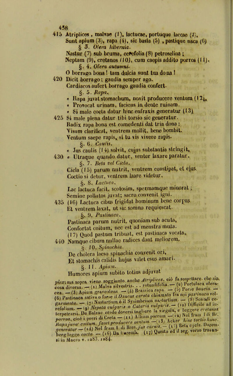 415 Alriplices , molrae (i), lactucae, portuque laccae (2), Sunt apium (3), rapa (4), sic basia (5) , pastique naca (G| § 3. Ofera liibernia. Nastur (7) sub bruma, cePefoIia (8) petroselina ; Neplam (9), cretanos HO), cura caepisaddito porros (11). §. 4. Olera autumnu O borrugo boua! tam dulcia sunt tua dona! 420 Dicit borrago; gaudia semper ago. Cardiacos aufert borrago gaudia confei;t- §.5. Rapn. « Rapa juvat stomaclmm, navit prodncere ventum (I2j^, « ProTocat urinam, laciens in dente rninam. « Si male cocta datur hinc enfrasiis generatur (13), 425 Si male plena datur tibi tarsio sicgeueratur. Radix rapa bona est comedenti dat tria dona : Visum clariBcat, ventrem mollit, bene bombit. Ventum saepe rapis,, si tu vis vivere rapis- 6. Cauds. « Jus caulis (14) solvit, cuj^us substantia slringit^ 430 0 Utraque quando datur, venter laxare paratur. §.7. Bela vel Cicla. Cicla (15) parum autrit, ventrem constipat, et ejii^ Coctio si detur, venjlrem laare videlux* §. 8. Lactucn. Lac lactuca facit. scotosim, spe^mamque minorat; Semine pollutos juvat; sacro convenit igni. 43^ (1'6) Lactuca cibU3 frigidat horainum bene corpus. Et ventrem laxat, utsicsomno requiescat- 9. Paslinaca. Pastinaca parum nutrit, quoniam sub acuta, Confortat coitum^ nec est ad menstra muta. (17) Quod pastum tribuat, est pastinaca vocata^, 440 Naraquecibum millae radices danj, ra^liorem, i^. 10. Spimchia. De cholera loeso spinacliia coavenit ori, Et stomacbis calidis hujus valetesu^ aman- §. 11. Apium. Humores apiura subito totius adjuvat cea —(3) Apiuoi graveoleas - (A) Brassica rapa. - (^) For.e - JeiPast aica sativa o forse il Dctucus carota chiamato fra npi p^fmacavoh Sr neX - S.Nastartiunte il Sysimbriu.n na.sturt.um. - f)S<:'^' terpetrarsi. De Balzac crede doversj ^-S^' 'J^^^^^^ 'Tfn.u. i di Br. jwrros, cio6 i porn di Creta -- (ii ) ^'^ ^^^^^^^ f,!nc torUohunc. si in Macro v. laSS, ia84-