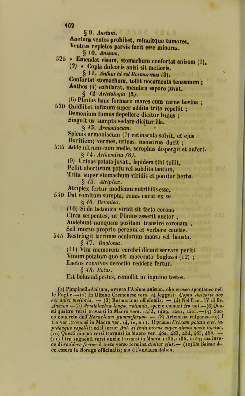 463 § 9. Anelum. Anetuttt ventos proliibet, mfnuitque tumoreg. Ventres repletos parvis facit esse minores. § 10. Anisum. 525 « Emendat visum, stomachum confortat anisum (1), (2) « Copia dulcoris anisi sit melioris. §11. Anthos id esi Rosmarims (3). ' Confortat slomachum, loliit nocumenta tenasmum ; Authos (4) exhilarat, membra sapore juvat. % 42 Aristologin (3y. (0) Plinius hanc formare mares cum carne bovina ; 530 Quidlibet inGxum super addita trita repellit ; Demonium furaus depellere dicitur hujus ; Singult us sumpta sedare dicitur illa. § 45. Armoniacum. Splenis armoniacum (7) retinacula solvit, et ejus Duritiem; vermes, urinas, menstrua ducit ; 535 Adde nitrum cum melle, scrophas dispergitet aufert. . § /4. Arlhemisia f%J, (9) Urinas potata juvat, lapidem tibi tollit, Pellit abortivura potu vel subdita tantum, Trita super stomachum viridis et ponitur herba. § 46. Atriplex. Atriplex fertur modicum nutribilis esse, 540 Dat vomitum sumpta, renes curat ex se. ^46. Betonica. nO) Si de betonica viridi sit facta corona Circa serpentes, ut Plinius asserit auctor , Audebunt nunquam positam transire coronam , Sed raorsu proprio pereantet verbere caurlae. 545 Reslringit lacriraas oculorum mansa vel hausta. % 41. Buglossa. (11) Vim meraorera cerebri dicunt servare periti Vinum potatura quo sit macerata buglossa(I2} ; Laetos convivos decoctio reddere fertur. ^48. Bolus. Est bolus ad pestes, remollit in inguine testes. (i) PimpinellaAnlsuin, oTvero rApium anisum, clie cresce spontaneo nel< le Puglie.—(2) In Ottone Cremoncse vers. 24 leggesi: Copia dulcorts dos est anisi melioris. — (3) Rosmarinus ofiiclualis. — (i) Nel frara. IV di Br. Jnxios.'—['S) Arislolochia longa, rotunda, specie comuni fra noi.—(6)Quo- sti quattro versi trovansi in Macro vers. i433, 1409, i42', lia''.—(7) Suc- 00 concreto ^LcVi'Heracleum gummiferum. — (8) Artcmisia vulgaris—(9) I tre ver .trovansi in Macro ver. i4) 12, e ' i« II primo: (jrinampotata ciet, ia- pidesque repellit; ed il terzo: Jut, si trita virens super alvum nocte ligelur. (jo) Questi cinque versi trovansi in Macro ver. 48«, 483, 484, 483, 48^'. — (; I) I tre segucnti versi anchc trovansi in Macro 1135,1136, 113^; ma inve- ce di reddere jertur il terzo verso tcrmina dicitur ejus.'^ (12) De Balzac di- ce.essere la Borago officinalis; ma c rancliusa itAlica.