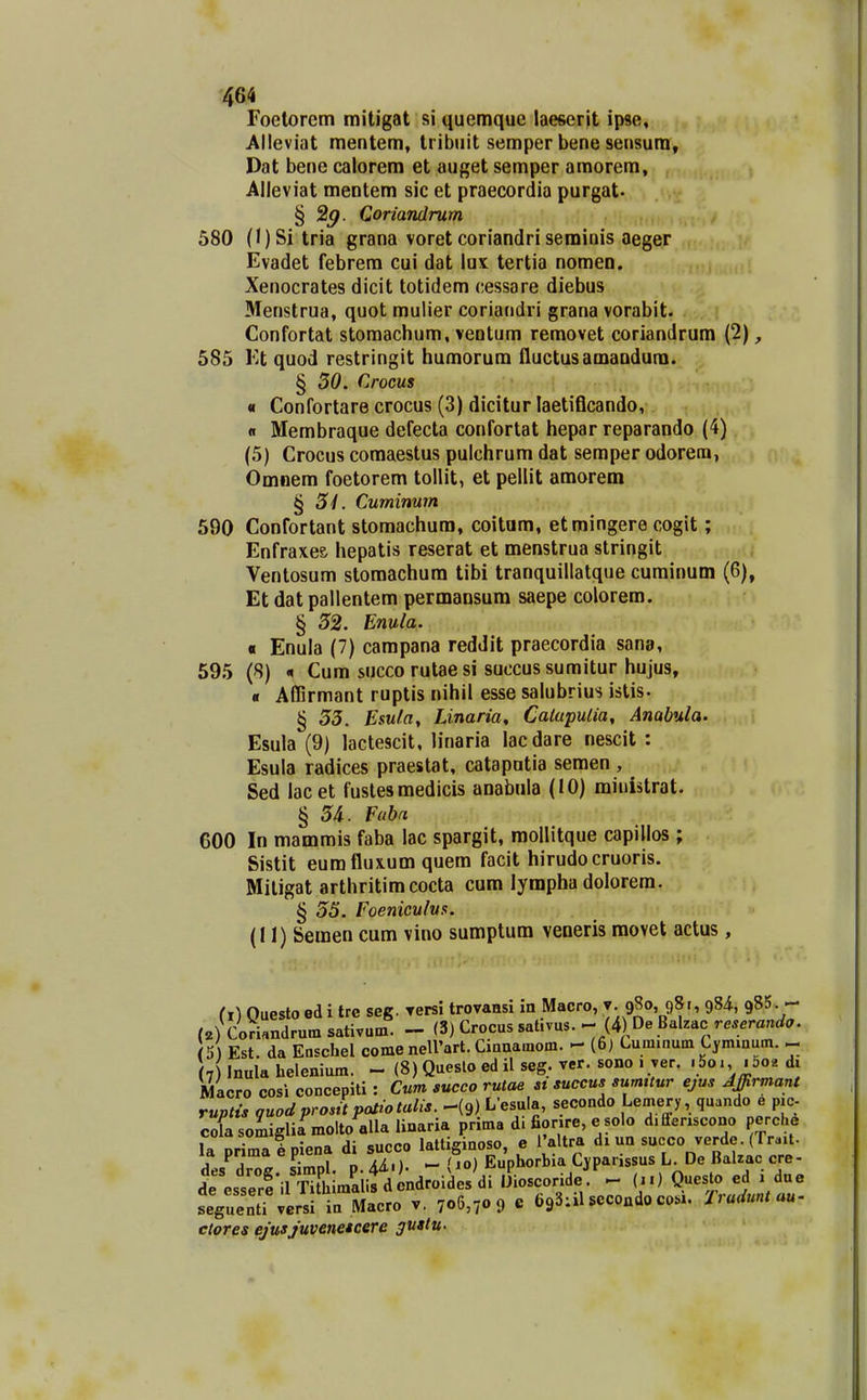 Foelorem mitigat si quemque laeficrit ipse, Alleviat mentem, Iribuit semper bene sensura, Dat bene calorem et auget semper amorem, Alleviat mentem sic et praecordia purgat- § 29. Coriandrum 580 (l)Sitria grana voret coriandri seminis aeger Evadet febrem cui dat lux tertia nomeD. Xenocrates dicit totidem cessare diebus Menstrua, quot mulier coriandri grana vorabit. Confortat stomachum, ventum removet coriandrum (2), 585 Kt quod restringit humorum fluctusamaDdura. § 50. Crocus a Confortare crocus (3) dicitur laetificando, n Membraque defecta confortat hepar reparando (4) (5) Crocus comaestus pulchrum dat semper odorera, Omoem foetorem tollit, et pellit amorem § 5L Cuminum 590 Confortant stomachuro, coitam, etmingere cogit; Enfraxes hepatis reserat et menstrua stringit Ventosum stomachum tibi tranquillatque cuminum (6), Et dat pallentem permansura saepe colorem. § 52. Enula. « Enula (7) campana reddit praecordia sana, 595 (8) n Cum succorutaesi succussumitur hujus, « Affirmant ruptis nihil esse salubrius istis- § 53. Esula, Linaria, Caiapulia, Anabula. Esula (9) lactescit, linaria lacdare nescit : Esula radices praestat, catapatia semen , Sed lacet fustesmedicis anabula (10) miuistrat. § 5A. Fahci 600 In mammis faba lac spargit, raollitque capillos ; Sistit eumfluxumquem facit hirudocruoris. Miligat arthritimcocta cum lyrapha dolorera. § 55. Foeniculus. (II) Semen cum vino sumptura veoeris raovet actus, (i) Ouesto ed i tre seg. Tersi trovaasi in Macro, 9^0, 98r, gSi, gSS. - (2) Coriandrum sativum. - (3) Crocus sahvus. - (4) De Bakac reserando. h) Est. da Easchel comeneirart.Cinna.nom. - (6j Cuminum Cymmum. - (7 Inulahelenium. - (8) Queslo ed il seg. ver. sono i ver. .5o., .00. di Macro cosi concepiti: Cum succo rutae « succus sumttur ejus JJirmant ruptis quodproJtpotiotalis. -(9) Lesula, secondo Le,i.ery, quando e p,c- cola somiglia molto alla linaria prima d. fiorire, e solo d.fterxscono perche la primalpiena di succo lattiginoso, e l'altra dx un «»f» ^«^^de (rraU. , , „ 5;^„i n Aii) — (10) Euphorbia Cvpanssus L. De Balzac cre- aresser^e il Sim^aiifdUoidesd^ uLcoride''^ (,.) Questo ed i due feguentTversri^^^^^^^^^ v. 706,709 « Og^aUccoadoco.i. Trudunt au. ctores ejusjuvenetcere 3vatu-