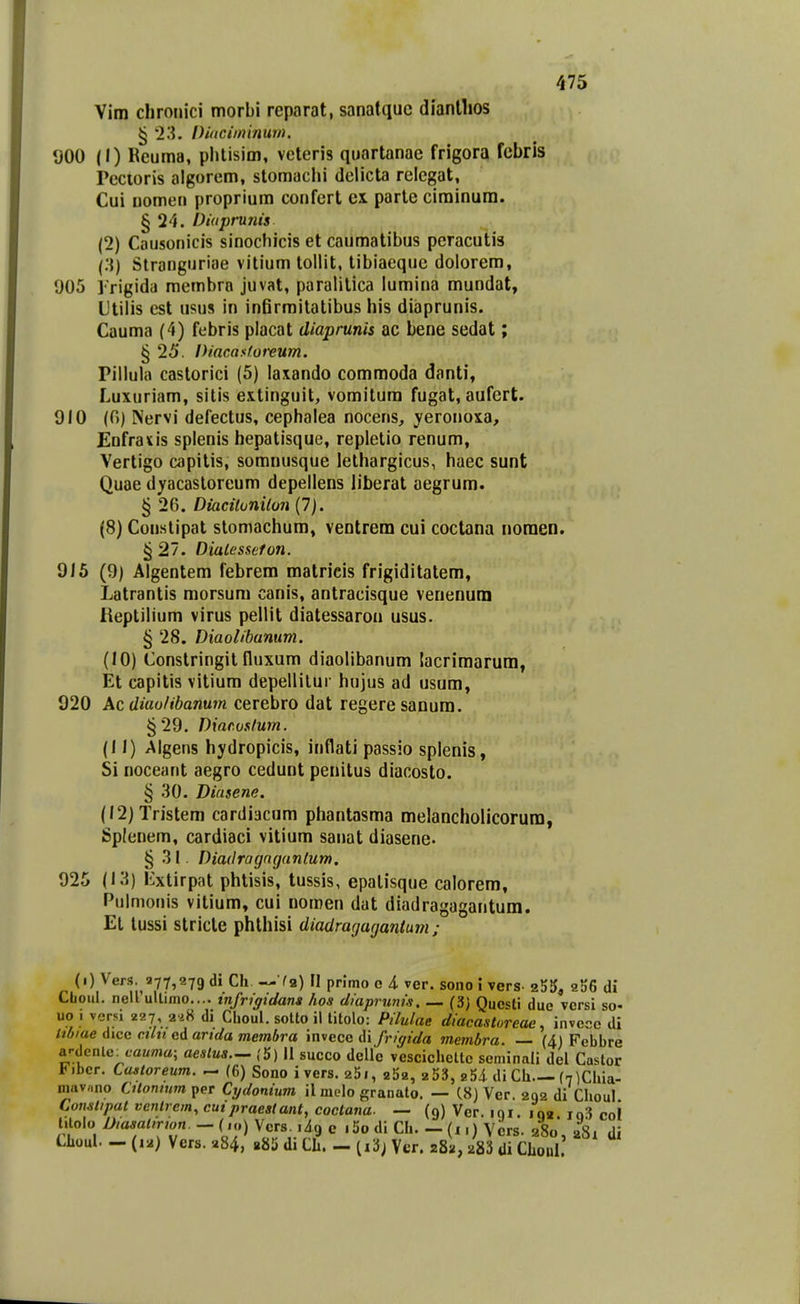 Vim chrouici morbi reparat, sanatquc diantlios § '23. Didciininum. 000 (I) Reuma, plUisim, veteris quartanae frigora fcbrls Pecioris algorem, stomachi delicta relegat, Cui uomen proprium confert cx parte cirainura. § 24. Diuprunis (2) Cousonicis sinochicis et caumatibus pcracutis (.'i) Stronguriae vitium tollit, tibiaeque dolorem, 905 1'rigida raembra juvat, paralilica lumina mundat, Lltilis est usus in inGrmitatibus his diaprunis. Cauma (4) febris placat diaprunis ac bene sedat; § 25. Diacasforeum. Pillula castorici (5) laxando coramoda danti» Luxuriam, sitis extinguit, vorailura fugat, aufert. 910 (0) Nervi defectus, cephalea nocens, yeronoxa, Enfraxis splenis hepatisque, repletio renum, Vertigo capitis, soranusque lelhargicus, haec sunt Quae dyacasloreum depellens hberat aegrum. § 26. Diacitonilon (7). (8) Constipat slomachum, ventrem cui coctana noraen. § 27. Dialessefon. 915 (9) Algentera febrem matricis frigiditatem, Latrantis raorsura canis, antracisque venenum Reptiliura virus pellit diatessaroa usus. § 28. Diaolibanum. (10) Constringit fluxum diaolibanum lacrimarum, Et capitis vitium depellilur hujus ad usum, 920 Ac diao/ibanum cerebro dat regeresanura. § 29. Dincosfwn. (11) Algens hydropicis, inflati passio splenis, Si noceant aegro cedunt penitus diacosto. § 30. Diasene. (12) Tristem cardiacum phantasma melancholicorura, Splenem, cardiaci vitium sanat diasene. §31. Diadragrtgantum. 925 (13) lixtirpat phtisis, tussis, epalisque calorem, Pulmonis vitium, cui nomen dat diadragagantum. Et lussi stricle phthisi diadragagantum ; (i) Vers, 377,279 di Ch —Va) II prlmo 0 4 ver. sono i vers 2H, 2S6 di Cboid. nell ullimo.... infrigidans hoa diaprunis. — (3j Qucsti due vcrsi so- uo I vcrsi 227, 2^8 di Choul. sotto il titolo: Pilulae diacastoreac, invecc di Itbiae dicc ciln ed arida membra invecc di frigida jnembra. — (4) Fehbre ardcnle^cauma; aeslua.^ (5) II succo delle vescichettc scminali del Castor Fibcr. Castoreum. - (6) Sono i vers. 25i, aSa, 253, gSi di Ch.—(^lChia- mavano CUonmm per Cydonium ilmelo granato. — (8) Ver. 202 di Chou! Constipat ventrcm, cuipraeatant, coctana. — (9) Ver. iqi. iqa ,q3 coi t.lolo Diasatirum. - (.«) Vcrs. lig c . 5o di Ch. - (x,) Vcrs. 280, aSi di Lhoul. - (12) Vers. 284, «815 di Ch. - Ver. 28«, 283 Ui CLoul.