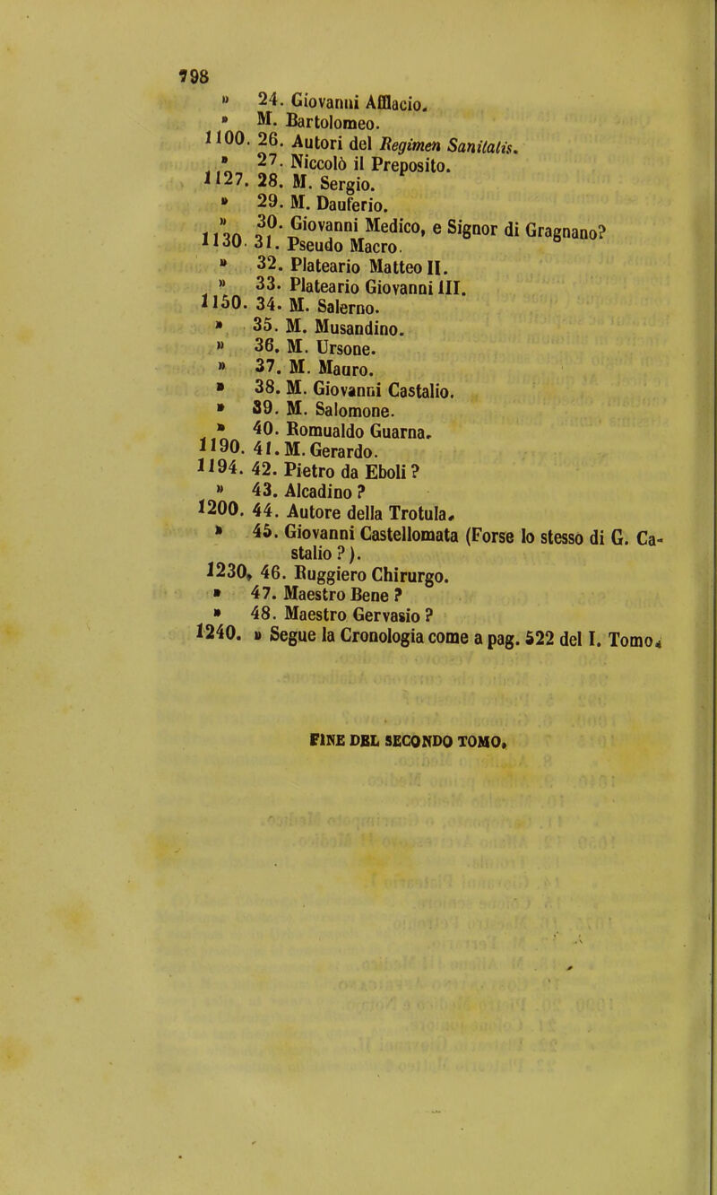 ?98 » 24. Giovarmi Afflacio. » M. Bartolomeo. 1100. 26. Autori del Regimen Sanitalis. • 27. Niccol6 il Preposito. H27. 28. M. Sergio. » 29. M. Dauferio. 11 ™ * ?' Giovanni Medico, e Signor di Gragnano? 11 w. j i. Pseudo Macro. ? 32. PJateario MatteoH. » 33. Plateario Giovanni III. 1150. 34. M. Salerno. » 35. M. Musandino. » 36. M. Ursone. » 37. M. Mauro. » 38. M. Giovanni Castalio. » 89. M. Salomone. » 40. Romualdo Guarna, 1190. 41.M.Gerardo. 1194. 42. Pietroda Eboli? » 43. Alcadino ? 1200. 44. Autore della Trotula, » 45. Giovanni Castellomata (Forse lo stesso di G. Ca- stalio?). 1230» 46. Ruggiero Chirurgo. » 47. MaestroBene ? » 48. Maestro Gervasio? 1240. i> Segue la Cronologia come a pag. 522 del I. Tomo* FINE DBL SECONDO TOMO,