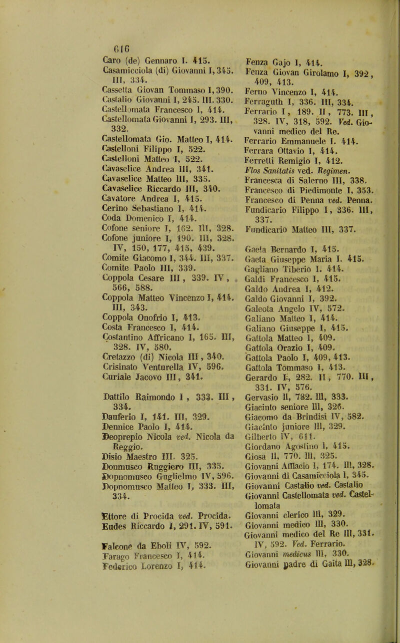 GI6 Caro (de) Gennaro I. Casamicciola (di) Giovanni 1,343. III, 334. Cassetta Giovan Tonimaso 1,390. Caslalio Giovanni I, 245. III. 330. Caslellimiata Francesco 1, 414. Caslellomata Giovanni 1, 293. III, 332. Castellomata Gio. Matteo I, 414. Castelloni Filippo I, 522. Caslelloni Matleo I, 522. Cavaselice Andrea III, 341. Cavaselice Matleo III, 335. Cavaselice Riccardo III, 340. Cavatore Andrea I, 415. Cerino Sebastiano 1, 414. Coda Domenico I, 414. Cofone seniore I, 162. III, 328. Cofone juniore I, 190. III, 328. IV, 150, 177, 416, 439. Coraite Giacomo I, 344. III, 337. Comite Paolo III, 339. Coppola Cesare III, 339. IV, , 666, 688. Coppola Matteo Vincenzo I, 414. III, 343. Coppola Onofrio I, 413. Costa Francesco I, 414. Coslantino Affricano 1, 166. III,  328. IV, 680. Crelazzo (di) Nicola III, 340. Crisinato Venturella IV, 596. Curiale Jacovo III, 341. Dattilo Raimondo 1 , 333. III, 334. Dauferio I, 141. III, 329. Dennice Paolo I, 414. Beoprepio Nicola ved. Nicola da Reggio. Disio Maestro III. 325. Donmusco Ruggiero ni, 335. JDopnomusco Guglielmo IV, 696. Dopnomusco Matteo I, 333. III, 334. Ettore di Procida ved. Procida. Eudes Riccardo I, 291. IV, 691. Falcone da Eboli IV, 692. Farago Fiancesco I, 414. Fedeiico Lorenzo I, 414. Fenza Gajo I, 414. Fcnza Giovan Girolamo I, 39-2, 409, 413. Ferno Vincenzo I, 414. Fcrragulh I, 336. III, 334. Ferrario 1, 189. II, 773. III, 328. IV, 318, 692. Fed. Gio- vanni medico del Re. Ferrario Emmanuele I. 414. Ferrara Oltavio I, 414. Ferrelli Remigio I, 412. Flos Sanilatis ved. Begimen. Francesca di Salerno III, 338. Francesco di Piedimonte I, 353. Francesco di Penna ved. Penna. Fundicario Filippo I, 336. III, 337. Fundicario Matteo III, 337. Gaeta Bernardo I, 416. Gaeta Giuseppe Maria I. 415. Gagliano Tiberio I. 414. Galdi Francesco I, 415. Galdo Andrea I, 412. Galdo Giovanni I, 392. Galeota Angelo IV, 572. Galiano Matteo I, 414. Galiano Giuseppe I, 415. Gattola Matteo I, 409. Gattola Orazio I, 409. Gattola Paolo I, 409, 413. Gatlola Tommaso I, 413. Gerardo li, 282. II, 770. lU, 331. IV, 576. Gervasio 11, 782. III, 333. Giacinto seniore III, 326. Giacomo da Brindisi IV, 582. Giacinlo juniore 111, 329. Gilberlo IV, 611. Giordano Agostino 1, 416. Giosa 11, 770. 111, 325. Giovanni AtHacio I, 174. lll, 328. Giovanni di Casaraicciola I, 345. Giovanni Castalio ved. Castalio Giovanni Castellomata ved. Castel- lomata Giovanni clerico 111, 329. Giovanni medi(!0 111, 330. Giovanni medico del Re 111, 331. IV, 592. Ved. Ferrario. Giovanni medicus 111, 330. Giovaani yadre di Gaita 111,328.