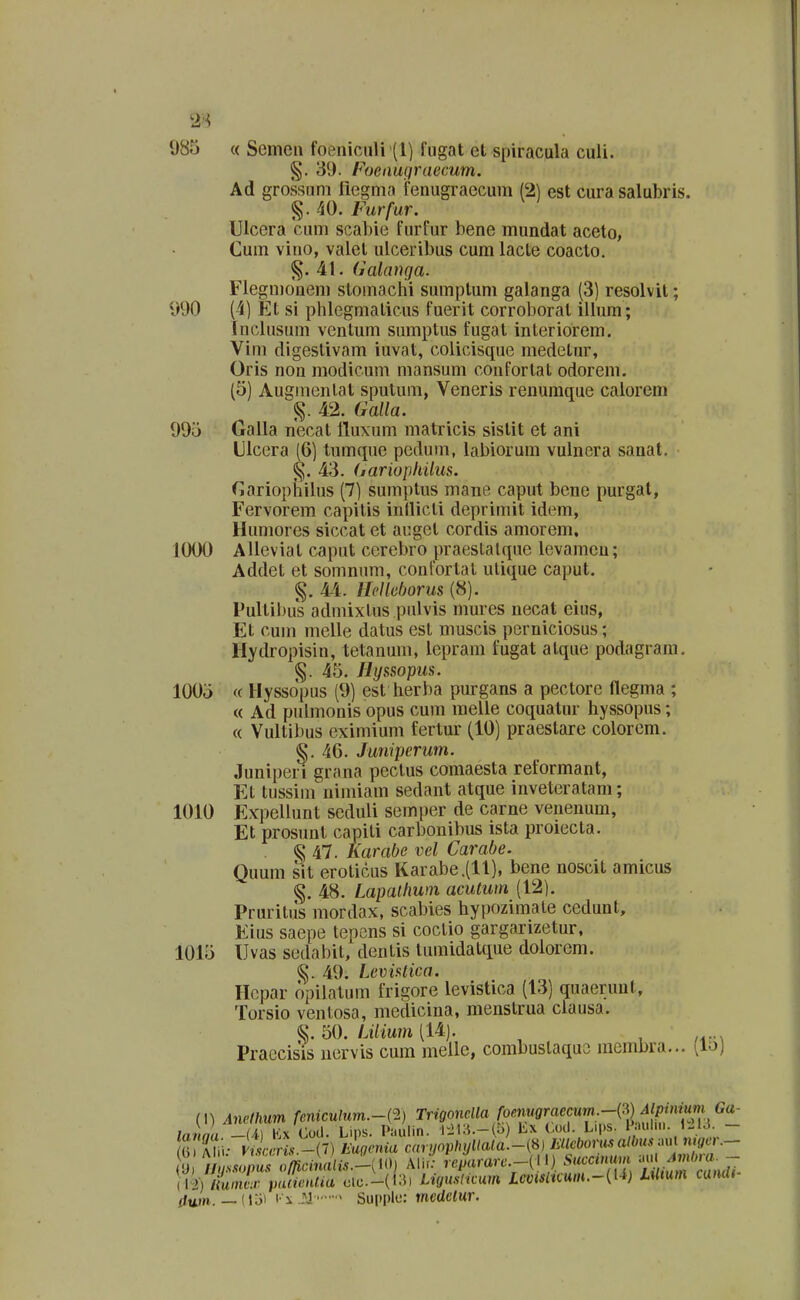 2'^ 985 « Semeii foeniciiH (1) fugat et spiracula culi. §. 39. Foeiiugraecum. Ad grossum liegma fenugraecum (2) est cura salubris. §. 40. Furfur. Ulcera cum scabie furfur bene mundat aceto, Cum vino, valet ulceribus cum lacle coacto. 41. Galanga. Flegn)ouem slomachi sumptum galanga (3) resolvit; 990 (4) Et si phlegmaticus fuerit corroborat illum; Inclusum ventum sumptus fugat interiorem. Vim digestivam iuvat, colicisque medetur, Oris non modicum mansum confortal odorem. (5) Augmenlat spulum, Veneris renumque caiorem 42. Galla. 995 Galla necat ITuxum matricis sistit et ani Ulcera (6) tumque pedum, labiorum vulncra sanat. 43. (lariophiius. Cariopliilus (7) sumptus mane caput bene purgat, Fervorem capitis inflicti deprimit idem, Humores siccat et auget cordis amorem. 1000 Alleviat caput cerebro praestalque levamcu; Addet et somnum, confortat ulique caput. g. 4-4. Hcllehorus (8). Pultibus admixlus pidvis mures necat eius, Et cum melle datus est muscis pcrniciosus; Hydropisin, tetanum, lepram fugat atque podagram. §. 45. Hyssopus. 1005 « Hyssopus (9) est herba purgans a pectore flegma ; « Ad puimonis opus cum melle coquatur hyssopus; « Vullibus eximium fertur (10) praestare colorem. §. 46. Juniperum. Junipen grnna peclus comaesta reformant, Et tussim nimiam sedant atque inveteratam; 1010 Expellunt seduli semper de carne venenum, Et prosunt capiti carbonibus ista proiecta. 47. Karabe vel Carabe. Quum sit eroticus Karabe.(ll), bene noscit amicus §. 48. Lapalhum acutum (12). Pruritus mordax, scabies hypozimate cedunl, Eius saepe tepcns si coclio garganzetur, 1015 Uvas sedabit, dentis tumidatque dolorcm. §. 49. Levistica. Hcpar opilatum frigore levistica (13) quaeruul, Torsio ventosa, medicina, menstrua clausa. S. 50./itoi (14). Praccisis nervis cum melle, combuslaque mcmbra... (i^) (1) Anelhum feniculum.-{^) Trigonella /bmMffraecuw.-(3 J p//t»m G Ali • yi. reris.-{l) mcnia car,jophyllala.-{\i) mcboru.salbus^nn n gcr. S Alir- r«;ararc..-(ll) Succmim ^^ ^*''''«• i\i} liinLr imcienlia c;lc.-(i;5i Ligu.sticum Lcvisltcum.-{U) lUtum cum ffwn. — (Joi \ ..^J > Supplo: medelur.