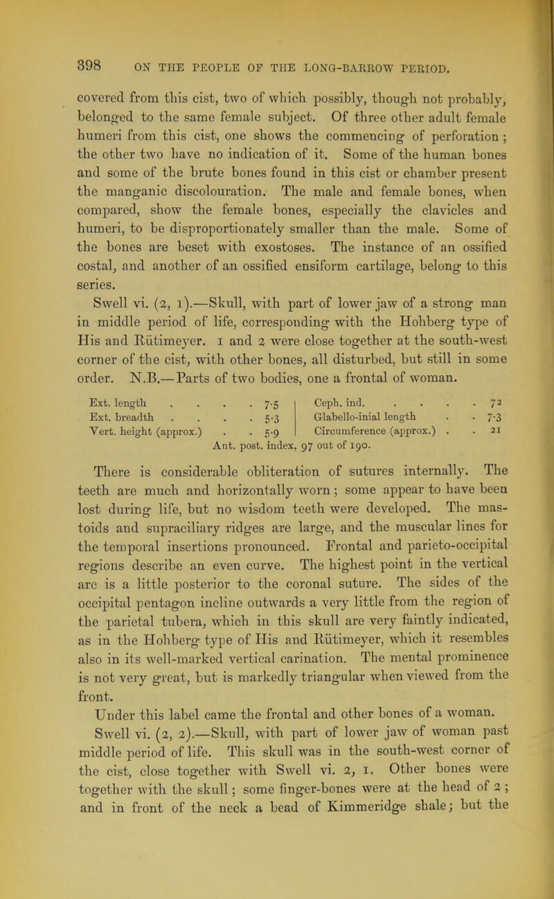 covered from this cist, two of which possibly, though not probably, belonged to the same female subject. Of three other adult female humeri from this cist, one shows the commencing of perforation; the other two have no indication of it. Some of the human bones and some of the brute bones found in this cist or chamber present the manganic discolouration. The male and female bones, when compared, show the female bones, especially the clavicles and humeri, to be disproportionately smaller than the male. Some of the bones are beset with exostoses. The instance of an ossified costal, and another of an ossified ensiform cartilage, belong to this series. Swell vi. (2, i).—Skull, with part of lower jaw of a strong man in middle period of life, corresponding with the Hohberg type of His and Riitimeyer. i and 2 were close together at the south-west corner of the cist, with other bones, all disturbed, but still in some order. N.B.—Parts of two bodies, one a frontal of woman. Ext. length . . . .7-5 Ceph. and 72 Ext. breadth . . . .5-3 Glabello-inial length . . 7-3 Vert, height (approx.) . . 5-9 Circumference (approx.) . .21 Ant. post, index, 97 out of 190. There is considerable obliteration of sutures internally. The teeth are much and horizontally worn; some appear to have been lost during life, but no wisdom teeth were developed. The mas- toids and supraciliary ridges are large, and the muscular lines for the temporal insertions pronounced. Frontal and parieto-occipital regions describe an even curve. The highest point in the vertical arc is a little posterior to the coronal suture. The sides of the occipital pentagon incline outwards a very little from the region of the parietal tubera, which in this skull are very faintly indicated, as in the Hohberg type of His and Uiitimeyer, which it resembles also in its well-marked vertical carination. The mental prominence is not very great, but is markedly triangular when viewed from the front. Under this label came the frontal and other bones of a woman. Swell vi. (2, 2}.—Skull, with part of lower jaw of woman past middle period of life. This skull was in the south-west corner of the cist, close together with Swell vi. 2, i. Other bones were together with the skull; some finger-bones were at the head of 2 ; and in front of the neck a bead of Kimmeridge shale; but the