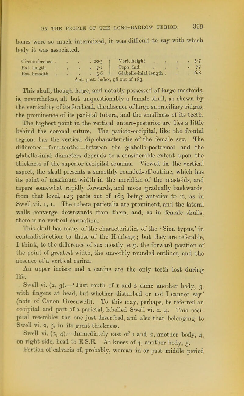 bones were so much intermixed, it was difficult to say with which body it was associated. Circumference .... 20-3 Vert, height . . . .5-7 Ext. length . . . .7-2 Ceph. ind 77 Ext. breadth . . . .5-6 Grlabello-inial length . . .6-8 Ant. post, index, 98 out of 183. This skull, though large, and notably possessed of large mastoids, is, nevertheless, all but unquestionably a female skull, as shown by the verticality of its forehead, the absence of large supraciliavy ridges, the prominence of its parietal tubera, and the smallness of its teeth. The highest point in the vertical antero-posterior arc lies a little behind the coronal suture. The parieto-occipital, like the frontal region, has the vertical dip characteristic of the female sex. The difference—four-tenths—between the glabello-postremal and the glabello-inial diameters depends to a considerable extent upon the thickness of the superior occipital squama. Viewed in the vertical aspect, the skull presents a smoothly rounded-off outline, which has its point of maximum width in the meridian of the mastoids, and tapers somewhat rapidly forwards, and more gradually backwards, from that level, 133 parts out of 183 being anterior to it, as in Swell vii. I, I. The tubera parietalia are prominent, and the lateral walls converge downwards from them, and, as in female skulls, there is no vertical carination. This skull has many of the characteristics of the ' Sion typus,' in contradistinction to those of the Hohberg; but they are referable, I think, to the difference of sex mostly, e.g. the forward position of the point of greatest width, the smoothly rounded outlines, and the absence of a vertical carina. An upper incisor and a canine are the only teeth lost during life. Swell vi. (2, 3).—'Just south of i and a came another body, 3, with fingers at head, but whether disturbed or not I cannot say' (note of Canon Greenwell). To this may, perhaps, be referred an occipital and part of a parietal, labelled Swell vi. 2, 4. This occi- pital resembles the one just described, and also that belonging to Swell vi. 2, 5, in its great thickness. Swell vi. (2, 4).—Immediately east of i and 2, another body, 4, on right side, head to E.S.E. At knees of 4, another body, 5. Portion of calvaria of, probably, woman in or past middle period