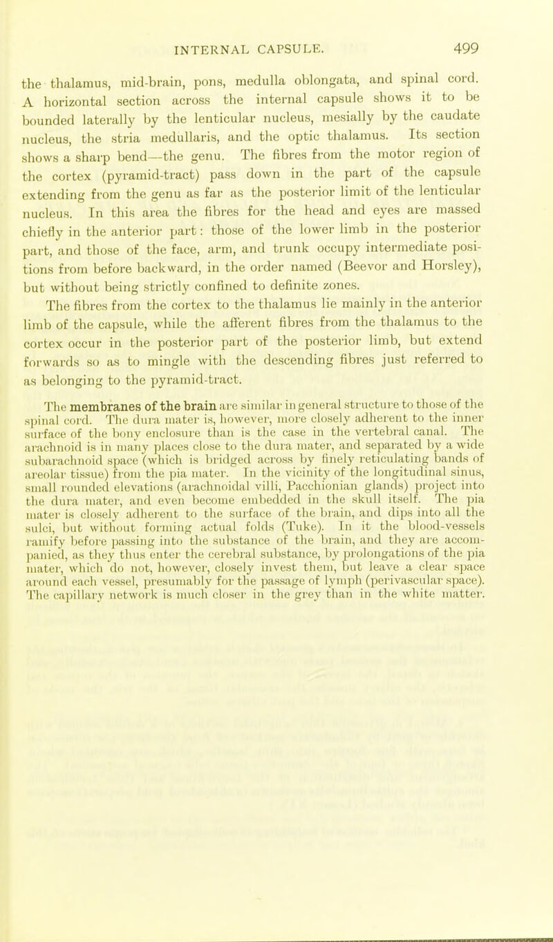 the thalamus, mid-brain, pons, medulla oblongata, and spinal cord. A horizontal section across the internal capsule shows it to be bounded laterally by the lenticular nucleus, mesially by the caudate nucleus, the stria medullaris, and the optic thalamus. Its section shows a sharp bend—the genu. The fibres from the motor region of the cortex (pyramid-tract) pass down in the part of the capsule extending from the genu as far as the posterior limit of the lenticular nucleus. In this area the fibres for the head and eyes are massed chiefly in the anterior part: tho.se of the lower limb in the posterior part, and those of the face, arm, and trunk occupy intermediate posi- tions from before backward, in the order named (Beevor and Horsley), but without being strictly confined to definite zones. The fibres from the cortex to the thalamus lie mainly in the anterior limb of the capsule, while the afferent fibres from the thalamus to the cortex occur in the posterior part of the posterior limb, but extend forwards .so as to mingle with the descending fibres just referred to as belonging to the pyramid-tract. The membranes of the brain are .similar in general structure to those of the spinal cord. The dura mater is, however, more clo.sely adherent to the inner sni'face of the bony enclosure than is the case in the vertebral canal. The arachnoid is in many places close to the dm a mater, and separated by a wide subarachnoid space (which is bridged across by finely reticulating bands of areolar ti.ssue) from the pia mater. In the vicinity of the longitudinal sinus, small roimded elevations (arachnoiilal villi, Pacchionian glands) project into the dura mater, and even become embedded in the .skull itself. The pia mater is closely adherent to the surface of the brain, and dijjs into all the sulci, but without forming actual folds (Tuke). In it the blood-vessels ramify before jmsiug into the substance of the brain, and they are accom- ])anied, as they thus enter the cerebral suljstance, by prolongations of the pia mater, which do not, however, closely invest them, but leave a clear .space around each ves.sel, presumably for the passage of lymph (perivascular space). The ca]5illaiy network is much closei' in the grey than in the white matter.