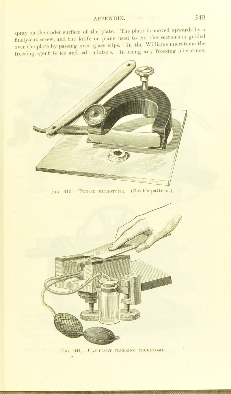 spray on tlie under surface of the plate. The plato is moved upwards l.y a linely-cut screw, and the knife or phme used to cut the sections is guided over the plate bv passing over glass slips. In the Williams microtome the freeziiK' agent is ice and .salt lui.Nture. In using any freezing microtome, Fi(i. (140.—T HI I'll 1) .MifitoToMK. (Hirch's pattern.) V\it. (i41.—Catik'art fukk/.ino micuotomk.