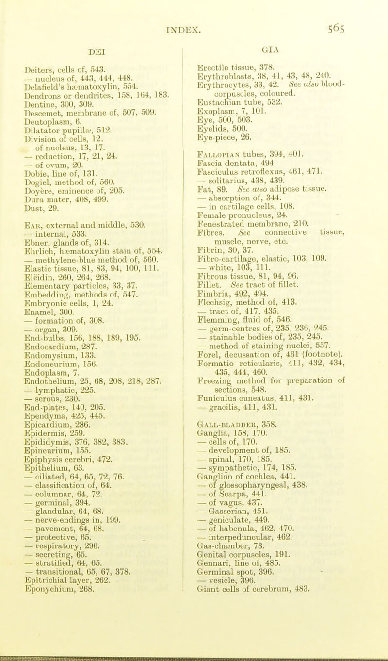 DEI Doiters, colls of, 543. — nuclovis of, 443, 444, 448. Delafiold's hivnuitoxylin, 554. Dendions or dendrites, 158, l(i4, 183. Dentine, 300, 309. Dcsceniet, membrane of, 507, 509. Deutopliisra, 6. Dilatator pupill.e, 51'2. Division of cells, 12. — of nucleus, 13, 17. — reduction, 17, 21, 24. — of ovum, 20. Dobie, line of, 131. Dogiel, method of, 560. Doyere, eminence of, 205. Dura mater, 408, 499. Dust, 29. Ear, external and middle, 530. — internal, 533. Ebner, glands of, 314. Ehrlich, ha>matoxylin stiiin of, 554. — methylene-blue method of, 560. Elastic tissue, 81, 83, 94, 100, 111. Eleidin, 260, 264, 268. Elementary particles, 33, 37. Embedding, methods of, 547. Embryonic cells, 1, 24. Enamel, 300. — formation of, 308. — organ, 309. End-bulbs, 156, 188, 189, 195. Endocardium, 287. Endomysium, 133. Endoneurium, 156. Eiidoplasm, 7. Endothelium, 25, 68, 208, 218, 287. — lymphatic, 225. — serous, 230. End-plates, 140, 205. Ependyma, 425, 445. Epicardium, 286. Epidermis, 259. Epididymis, 376, 382, 383. Epineurium, 155. Epiphysis cerebri, 472. Epithelium, 63. — ciliated, 64, 65, 72, 76. — classification of, 64. — columnar, 64, 72. — germinal, 394. — glandular, 64, 68. — nerve-endings in, 199. — pavement, 64, 68. — protective, 65. — respiratory, 296. — secreting, 65. — stratified, 64, 65. — transitional, 65, 67, 378. Epitrichial layer, 262. Eponychiuni, 268. GIA Erectile tissue, 378. Erythroblasts, 38, 41, 43, 48, 240. Erythrocytes, 33, 42. Sec also l)lood- corpuscles, coloured. Eustachian tube, 532. Exoplasni, 7, 101. Eye, 500, 503. Eyelids, 50<:i. Eye-piece, 26. Fallopian tubes, 394, 401. Fascia dentata, 494. Fasciculus retroflexus, 461, 471. — solitarius, 438, 439. Fat, 89. iS'ee aUo adipose tissue. — absorption of, 344. — in cartilage cells, 108. Female pronucleus, 24. Fenestrated membrane, 210. Fibres. See connective tissue, muscle, nerve, etc. Fibrin, .30, 37. Fibro-cartilage, elastic, 103, 109. — white, 103, 111. Fibrous tissue, 81, 94, 96. Fillet. See tract of fillet. Fimbria, 492, 494. Flechsig, method of, 413. — tract of, 417, 4.35. Flemming, fluid of, 546. — germ-centres of, 235, 236, 245. — stainable bodies of, 235, 245. — method of staining nuclei, 557. Forel, decussation of, 461 (footnote). Formatio reticularis, 411, 432, 434, 435, 444, 460. Freezing method for preparation of sections, 548. Funiculus cuneatus, 411, 431. — gracilis, 411, 431. Gall-bladdkb, 358. Ganglia, 158, 170. — cells of, 170. — development of, 185. — spinal, 170, 185. — sympathetic, 174, 185. Ganglion of cochlea, 441. — of glossopharyngeal, 438. — of Scarpa, 441. — of vagus, 437. — Gasserian, 451. — geniculate, 449. — of habenula, 462, 470. — interpeduncular, 462. Gas-chamber, 73. Genital ooi-puscles, 191. Gennari, line of, 485. Germinal spot, .396. — vesicle, 396. Giant cells of cerebrum, 483.