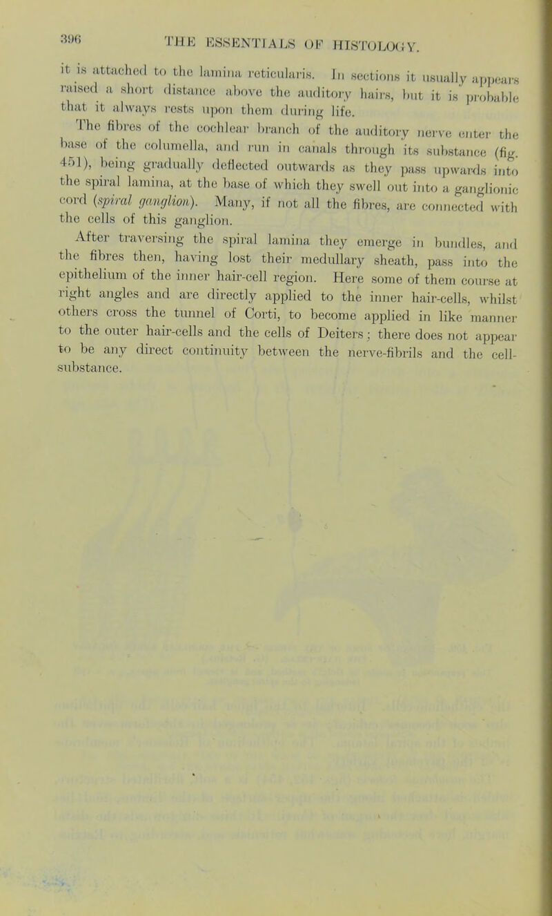 it is attached to the lamina reticularis. In sections it usually app,a.s raised a short distance above the auditory Imirs, but it is' prol.able that it always rests upon them during lite The fibres of the cochlear branch of the auditory nerve enter the base f i1h' columella, and run in canals through its substance (fie t51), being gradually deflected outwards as they pass upwards into the spiral lamina, at the base of which they swell out into a ganglionic cord (spiral ganglion). Many, if not all the fibres, are connected with the cells of this ganglion. After traversing the spiral lamina they emerge in bundles, and the fibres then, Inning lost their medullary sheath, pass into the epithelium of the inner hair-cell region. Here some of them course al right angles and are directly applied to the inner hair-cells, whilst others cross the tunnel of Corti, to become applied in like manner to the outer hair-cells and the cells of Deiters ; there does not appear to be any direct continuity between the nerve-fibrils and the cell- substance.