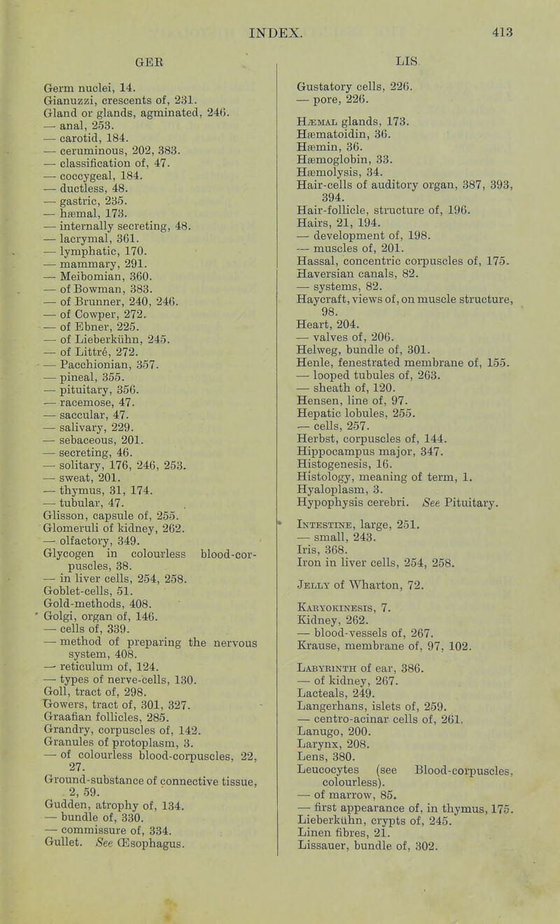 GEli Germ nuclei, 14. Gianuzzi, crescents of, 231. Gland or glands, agminated, 24ti. — anal, 253. — carotid, 184. — ceruminous, 202, 383. — classification of, 47. — coccygeal, 184. — ductless, 48. — gastric, 235. — haemal, 173. — internally secreting, 48. — lacrymal, 361. — lymphatic, 170. — mammary, 291. — Meibomian, 360. — of Bowman, 383. — of Brunner, 240, 246. — of Cowper, 272. — of Ebner, 225. — of Lieberkuhn, 245. — of Littr<§, 272. — Pacchionian, 357. — pineal, 355. — pituitary, 356. ■— racemose, 47. — saccular, 47. — salivary, 229. — sebaceous, 201. — secreting, 46. — solitary, 176, 246, 253. — sweat, 201. — thymus, 31, 174. — tubular, 47. Glisson, capsule of, 255. Glomeruli of kidney, 262. — olfactory, 349. Glycogen in colourless blood-cor- puscles, 38. — in liver cells, 254, 258. Goblet-cells, 51. Gold-methods, 408. ' Golgi, organ of, 146. — cells of, 339. — method of preparing the nervous system, 408. — reticulum of, 124. — types of nerve-cells, 130. Goll, tract of, 298. Gowers, tract of, 301, 327. Graafian follicles, 285. Grandry, corpuscles of, 142. Granules of protoplasm, 3. — of colourless blood-corpuscles, 22, 27. Ground-substance of connective tissue, 2, 59. Gudden, atrophy of, 134. — bundle of, 330. — commissure of, 334. Gullet. See ffisophagus. LIS Gustatory cells, 22(5. — pore, 226. ELemal glands, 173. Htematoidin, 36. Ha?min, 36. Haemoglobin, 33. Haemolysis, 34. Hair-cells of auditory organ, 387, 393, 394. Hair-follicle, structure of, 196. Hairs, 21, 194. — development of, 198. — muscles of, 201. Hassal, concentric corpuscles of, 175. Haversian canals, 82. — systems, 82. Haycraft, views of, on muscle structure, 98. Heart, 204. — valves of, 206. Helweg, bundle of, 301. Henle, fenestrated membrane of, 155. — looped tubules of, 263. — sheath of, 120. Hensen, line of, 97. Hepatic lobules, 255. — cells, 257. Herbst, corpuscles of, 144. Hippocampus major, 347. Histogenesis, 16. Histology, meaning of term, 1. Hyaloplasm, 3. Hypophysis cerebri. See Pituitary. * Intestine, large, 251. — small, 243. Iris, 368. Iron in liver cells, 254, 258. Jelly of Wharton, 72. Karyokinesis, 7. Kidney, 262. — blood-vessels of, 267. Krause, membrane of, 97, 102. Labyrinth of ear, 386. — of kidney, 267. Lacteals, 249. Langerhans, islets of, 259. — centro-acinar cells of, 261. Lanugo, 200. Larynx, 208. Lens, 380. Leucocytes (see Blood-corpuscles, colourless). —■ of marrow, 85. — first appearance of, in thymus, 175. Lieberkuhn, crypts of, 245. Linen fibres, 21. Lissauer, bundle of, 302.