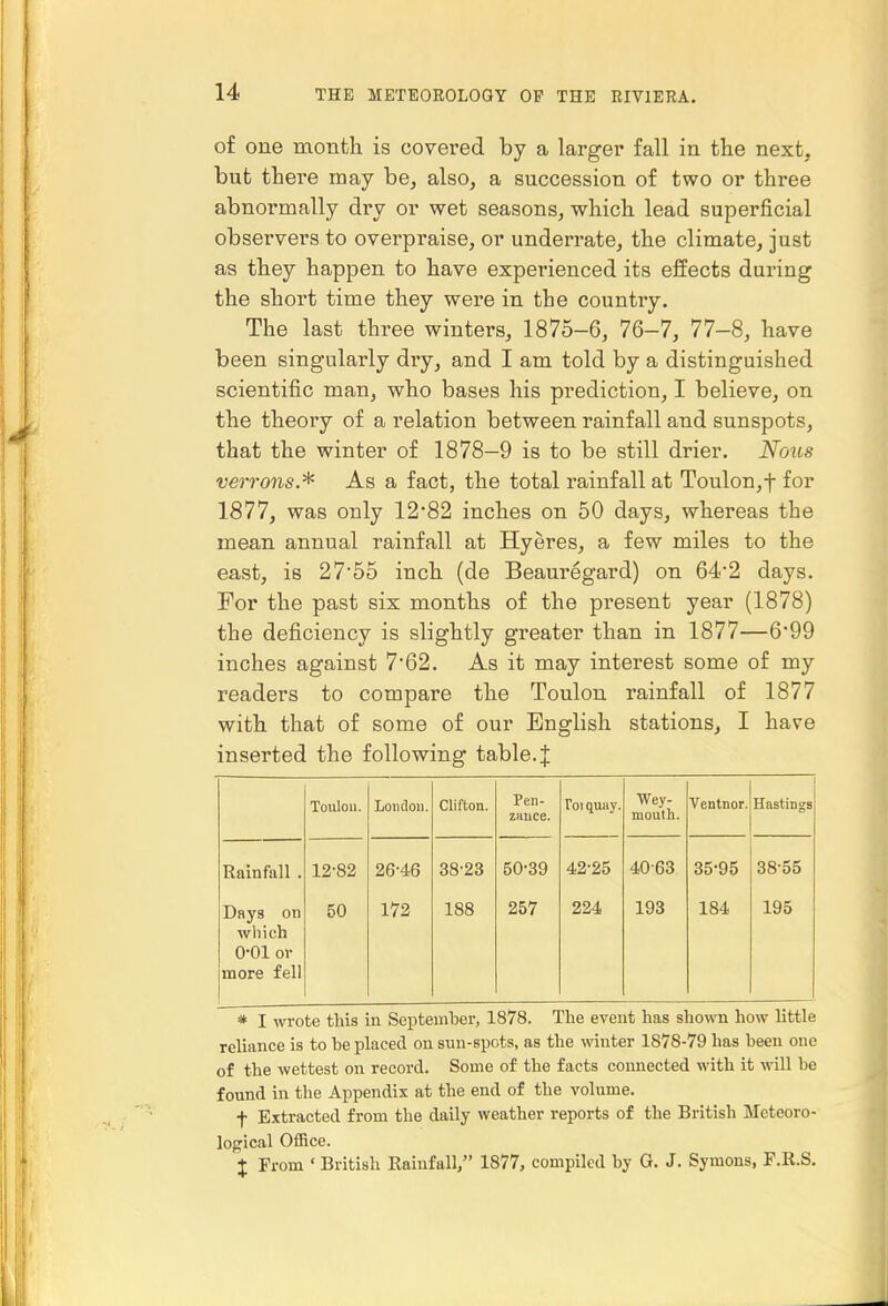 of one month is covered by a larger fall in the next, but there may be, also, a succession of two or three abnormally dry or wet seasons, which lead superficial observers to overpraise, or underrate, the climate, just as they happen to have experienced its effects during the short time they were in the country. The last three winters, 1875-6, 76-7, 77-8, have been singularly diy, and I am told by a distinguished scientific man, who bases his prediction, I believe, on the theory of a relation between rainfall and sunspots, that the winter of 1878—9 is to be still drier. iVbws verrons.^ As a fact, the total rainfall at Toulon,f for 1877, was only 12*82 inches on 50 days, whereas the mean annual rainfall at Hyeres, a few miles to the east, is 2755 inch (de Beauregard) on 642 days. For the past six months of the present year (1878) the deficiency is slightly greater than in 1877—6*99 inches against 762. As it may interest some of my readers to compare the Toulon rainfall of 1877 with that of some of our English stations, I have inserted the following table.J Toulou. London. Clifton. Pen- zance. Toi quay. Wey- mouth. Ventnor. Hastings Rainfall . 12-82 26-46 38-23 50-39 42-25 40-63 35-95 38-55 Days on which 0-01 or more fell 50 172 188 257 224 193 184 195 * I wrote this in September, 1878. The event has shown how little reliance is to be placed on sun-spots, as the winter 1878-79 has been one of the wettest on record. Some of the facts comiected with it will be found in the Appendix at the end of the volume. f Extracted from the daily weather reports of the British Meteoro- logical Office. J From ' British Rainfall, 1877, compiled by G. J. Symons, F.R.S.