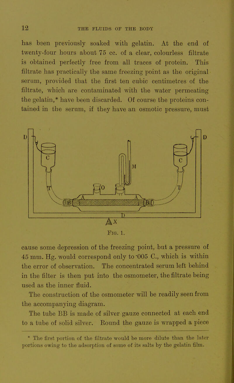 has been previously soaked with gelatin. At the end of twenty-four hours about 75 cc. of a clear, colourless j&ltrate is obtained perfectly free from all traces of protein. This filtrate has practically the same freezing point as the original serum, provided that the first ten cubic centimetres of the filtrate, which are contaminated with the water permeating the gelatin,* have been discarded. Of course the proteins con- tained in the serum, if they have an osmotic pressure, must t) Fig. 1. cause some depression of the freezing point, but a pressure of 45 mm. Hg. would correspond only to '005 C, which is within the error of observation. The concentrated serum left behind in the filter is then put into the osmometer, the filtrate being used as the inner fluid. The construction of the osmometer will be readily seen from the accompanying diagram. The tube BB is made of silver gauze connected at each end to a tube of solid silver. Bound the gauze is wrapped a piece * The first portion of the filtrate woixld be more dihite than the later portions owing to the adsorption of some of its salts by the gelatin film.