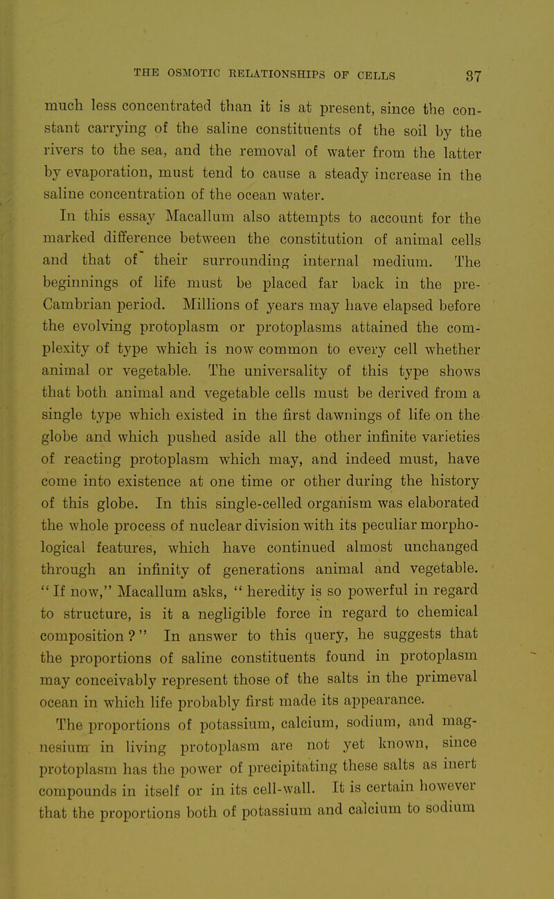 much less concentrated than it is at present, since the con- stant carrying of the sahne constituents of the soil hy the rivers to the sea, and the removal of water from the latter by evaporation, must tend to cause a steady increase in the saline concentration of the ocean water. In this essay Macallum also attempts to account for the marked difference between the constitution of animal cells and that of their surrounding internal medium. The beginnings of life must be placed far back in the pre- Gambrian period. Millions of years may have elapsed before the evolving protoplasm or protoplasms attained the com- plexity of type which is now common to every cell whether animal or vegetable. The universality of this type shows that both animal and vegetable cells must be derived from a single type which existed in the first dawriings of life on the globe and which pushed aside all the other infinite varieties of reacting protoplasm which may, and indeed must, have come into existence at one time or other during the history of this globe. In this single-celled organism was elaborated the whole process of nuclear division with its peculiar morpho- logical features, which have continued almost unchanged through an infinity of generations animal and vegetable.  If now, Macallum aSks,  heredity is so powerful in regard to structure, is it a negligible force in regard to chemical composition ? In answer to this query, he suggests that the proportions of saline constituents found in protoplasm may conceivably represent those of the salts in the primeval ocean in which life probably first made its appearance. The proportions of potassium, calcium, sodium, and mag- nesium in living protoplasm are not yet known, since protoplasm has the power of precipitating these salts as inert compounds in itself or in its cell-wall. It is certain however that the proportions both of potassium and calcium to sodium