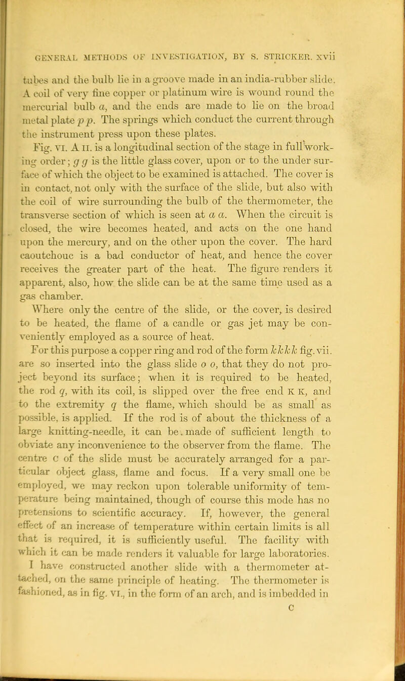 tubes and the bulb lie in a gi-oove made in an india-rubber slide. A coil of very fine copper or platinum wire is wound round tho mei-curial bulb a, and the ends ai'e made to lie on the broad metal plate pp. The springs which conduct the current through tiie instrument press upon these plates. Fio-. VI. AII. is a lono-itudinal section of the stage in full work- ing order; g g is the little glass cover, upon or to the under sur- face of which the object to be examined is attached. The cover is in contact, not only with the surface of the slide, but also with the coil of wire suiTOunding the bulb of the thermometer, the transverse section of which is seen at a a. When the circuit is closed, the wii^e becomes heated, and acts on the one hand upon the mercury, and on the other upon the cover. The hard caoutchouc is a bad conductor of heat, and hence the cover receives the greater part of the heat. The figure renders it apparent, also, how the slide can be at the same time used as a gas chamber. ^^^lere only the centre of the slide, or tKe cover,, is desired to be heated, the flame of a candle or gas jet may be con- veniently employed as a source of heat. For this purpose a copper ring and rod of the form hJckk Q.g.vi\. are so inserted into the glass slide o o, that they do not pro- ject beyond its surface; when it is required to be heated, the rod q, with its coil, is slipped over the free end K K, and to the extremity q the flame, which should be as small' as possible, is applied. If the rod is of about the thickness of a large knitting-needle, it can be. made of sufiicient length to obviate any inconvenience to the observer from the flame. The centre c of the slide must be accurately arranged for a par- tifnilar object glass, flame and focus. If a very small one be employed, we may reckon upon tolerable uniformity of tem- perature being maintained, though of course this mode has no pretensions to scientific accuracy. If, however, the general efFoct of an increase of temperature within certain limits is all that is required, it is sufficiently useful. The facility with which it can be made renders it valuable for larcrc laboratories. I have con.structed another slide with a thei-mometer at- tached, on the same piinciple of heating. The thermometer is fashioned, as in fig. vr., in the form of an arch, and is imbedded in