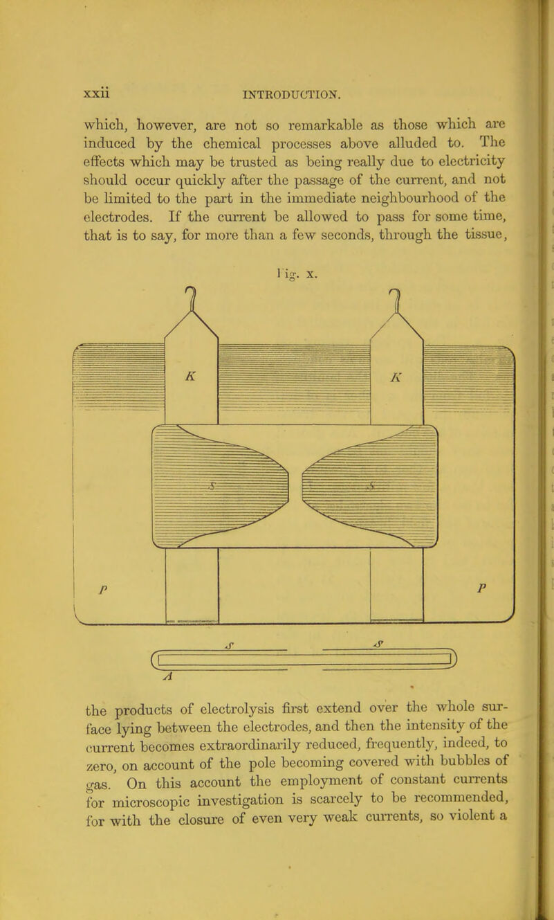 which, however, are not so remarkable as those which arc induced by the chemical processes above alluded to. The effects which may be trusted as being really due to electricity should occur quickly after the passage of the current, and not be limited to the part in the immediate neighbourhood of the electrodes. If the current be allowed to pass for some time, that is to say, for more than a few seconds, through the tissue, l ig. X. the products of electrolysis first extend over the whole sur- face lying between the electrodes, and then the intensity of the current becomes extraordinarily reduced, frequently, indeed, to zero, on account of the pole becoming covered with bubbles of <j-as. On this account the employment of constant currents for microscopic investigation is scarcely to be recommended, for with the closure of even very weak cun-ents, so violent a ,1