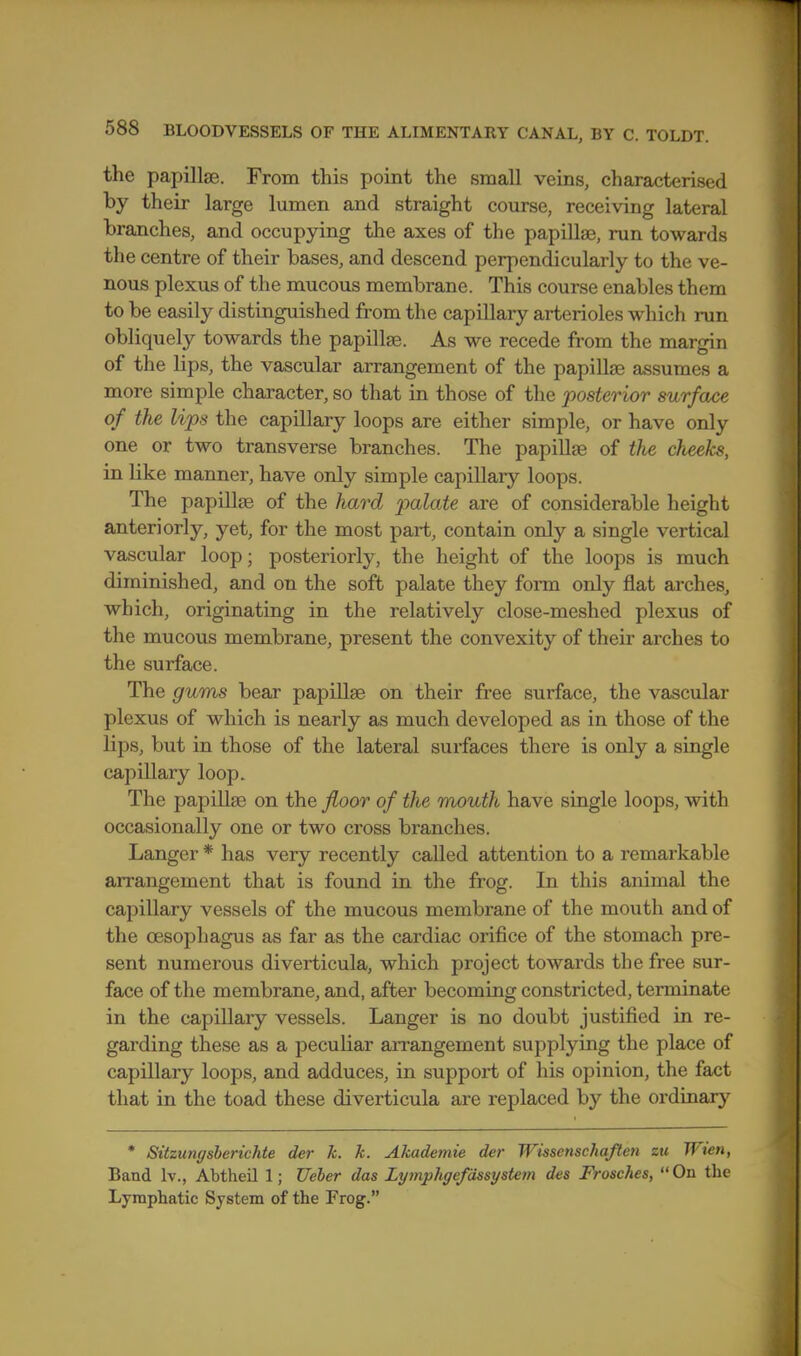 the papilljB. From this point the small veins, characterised by their large lumen and straight course, receiving lateral branches, and occupying the axes of the papillae, run towards the centre of their bases, and descend perpendicularly to the ve- nous plexus of the mucous membrane. This course enables them to be easily distinguished from the capillary arterioles which run obliquely towards the papillae. As we recede from the margin of the lips, the vascular arrangement of the papiUae assumes a more simple character, so that in those of the posterior surface of the lips the capillary loops are either simple, or have only one or two transverse branches. The papiUae of the dceeks, in like manner, have only simple capillary loops. The papillae of the hard palate are of considerable height anteriorly, yet, for the most part, contain only a single vertical vascular loop; posteriorly, the height of the loops is much diminished, and on the soft palate they form only flat arches, which, originating in the relatively close-meshed plexus of the mucous membrane, present the convexity of their arches to the surface. The gums bear papiUae on their free surface, the vascular plexus of which is nearly as much developed as in those of the lips, but in those of the lateral surfaces there is only a single capillary loop. The papillae on the floor of the mouth have single loops, with occasionally one or two cross branches. Langer * has very recently called attention to a remarkable arrangement that is found in the frog. In this animal the capillary vessels of the mucous membrane of the mouth and of the oesophagus as far as the cardiac orifice of the stomach pre- sent numerous diverticula, which project towards the free sur- face of the membrane, and, after becoming constricted, terminate in the capillary vessels. Langer is no doubt justified in re- garding these as a peculiar arrangement supplying the place of capillary loops, and adduces, in support of his opinion, the fact that in the toad these diverticula are replaced by the ordinary * Sitzungsberichte der k. k. Akademie der Wissenschaften zu Wien, Band Iv., Abtheil 1; Ueher das Lymphgefdssystem des Frosches, On the Lymphatic System of the Frog.