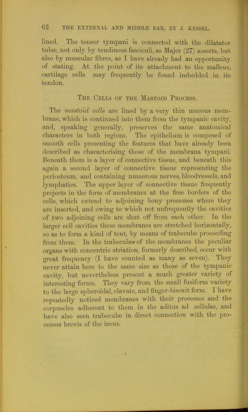 lined. The tensor tympani is connected with the dilatator tubae, not only by tendinous fasciculi, as Majer (27) asserts, but also by muscular fibres, as I have already had an opportunity of stating. At the point of its attachment to the malleus, cartilage cells may frequently be found imbedded in its tendon. The Cells of the Mastoid Process. The mastoid cells are lined by a very thin mucous mem- brane, which is continued into them from the tympanic cavity, and, speaking generally, preserves the same anatomical characters in both regions. The epithelium is composed of smooth cells presenting the features that have already been described as characterising those of the membrana tympani. Beneath them is a layer of connective tissue, and beneath this again a second layer of connective tissue representing the periosteum, and containing numerous nerves, bloodvessels, and lymphatics. The upper layer of connective tissue frequently projects in the form of membranes at the free borders of the cells, which extend to adjoining bony processes where they are inserted, and owing to which not unfrequently the cavities of two adjoining cells are shut off from each other. In the larger cell cavities these membranes are stretched horizontally, so as to form a kind of tent, by means of trabecule proceeding from them. In the trabecular of the membranes the peculiar organs with concentric striation, formerly described, occur with great frequency (I have counted as many as seven). They never attain here to the same size as those of the tympanic cavity, but nevertheless present a much greater variety of interesting forms. They vary from the small fusiform variety to the large spheroidal, clavate, and finger-biscuit form. I have repeatedly noticed membranes with their processes and the corpuscles adherent to them in the aditus ad cellulas, and have also seen trabeculae in direct connection with the pro- cessus brevis of the incus.