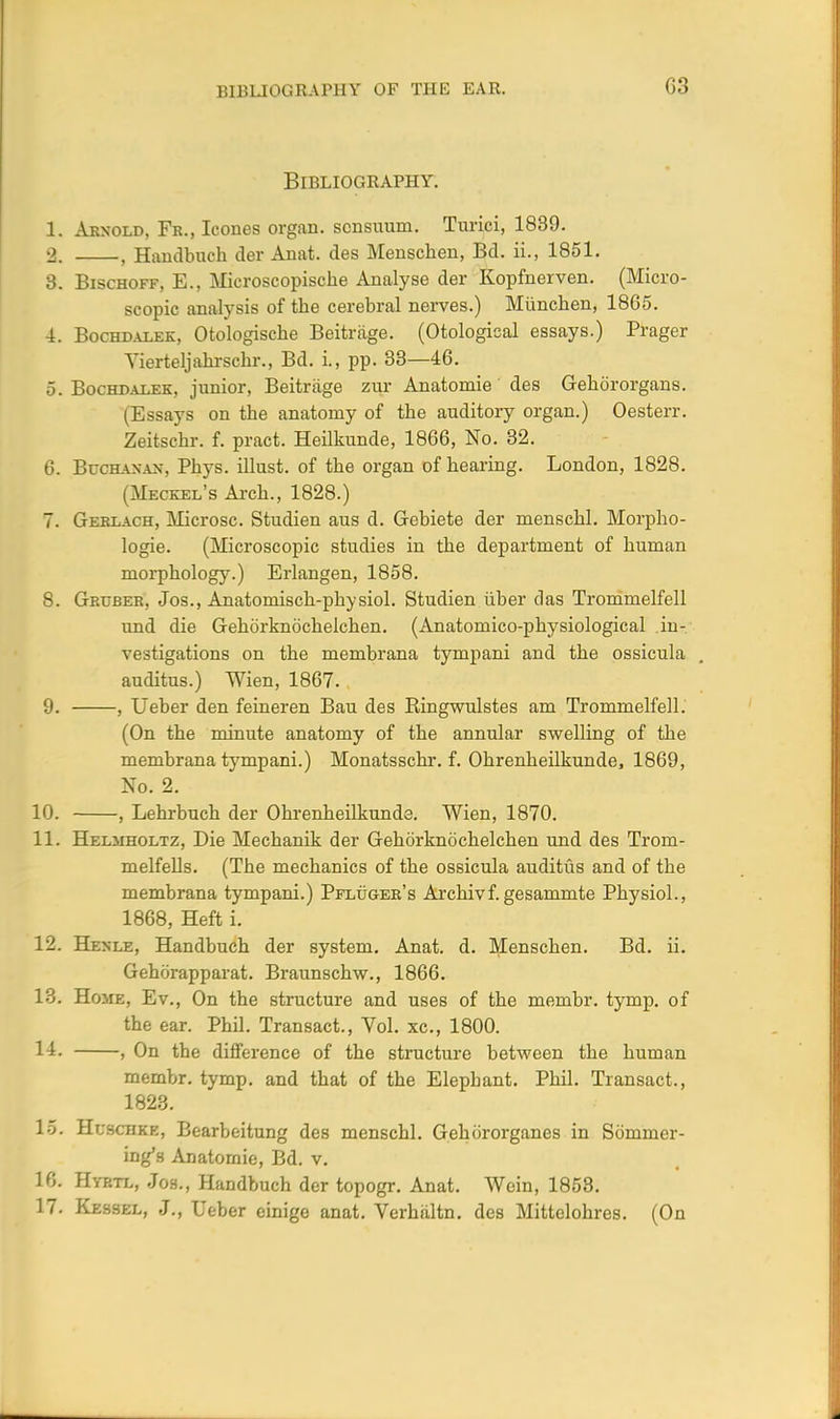 lUm.kKlRAPllY OF T1IK l'.AU. G3 Bibliography. 1. Arnold, Fr., Icones organ, scnsuum. Turici, 1839. 2. , Handbuch der Anat. des Menschen, Bd. ii., 1851. 3. Bischoff, E., Microscopische Analyse der Kopfnerven. (Micro- scopic analysis of the cerebral nerves.) Miinchen, 1865. -i. Bochdalek, Otologiscbe Beitrage. (Otological essays.) Prager Yierteljabrschr., Bd. L, pp. 33—46. 5. Bochdalek, junior, Beitrage zur Anatomie des Gehororgans. (Essays on the anatomy of the auditory organ.) Oesterr. Zeitschr. f. pract. Heilkunde, 1866, No. 32. 6. Buchanan, Phys. illust. of the organ of hearing. London, 1828. (Meckel's Arch., 1828.) 7. Gerlach, Microsc. Studien aus d. Gebiete der menschl. Morpho- logie. (Microscopic studies in the department of human morphology.) Erlangen, 1858. 8. Gruber, Jos., Anatomisch-physiol. Studien iiber das Trommelfell und die Gehorknochelchen. (Anatomico-physiological in- vestigations on the membrana tympani and the ossicula , auditus.) Wien, 1867. 9. , Ueber den feineren Bau des Ringwulstes am Trommelfell. (On the minute anatomy of the annular swelling of the membrana tympani.) Monatsschr. f. Ohrenheilkunde, 1869, No. 2. 10. , Lehrbuch der Okrenheilkunde. Wien, 1870. 11. Helmholtz, Die Mechanik der Gehorknochelchen und des Trom- melfells. (The mechanics of the ossicula auditus and of the membrana tympani.) Pfluger's Archivf.gesammte Physiol., 1868, Heft i. 12. Henle, Handbuch der system. Anat. d. Menschen. Bd. ii. Gehorapparat. Braunschw., 1866. 13. Home, Ev., On the structure and uses of the membr. tymp. of the ear. Phil. Transact., Vol. xc, 1800. 14. , On the difference of the structure between the human membr. tymp. and that of the Elepbant. Phil. Transact., 1823. 15. Huschke, Bearbeitung des menschl. Gehororganes in Sommer- ing's Anatomie, Bd. v. 16. Hyrtl, Jos., Handbuch der topogr. Anat. Wcin, 1853. 17. Kessel, J., Ueber einige anat. Verhaltn. des Mittelohres. (On