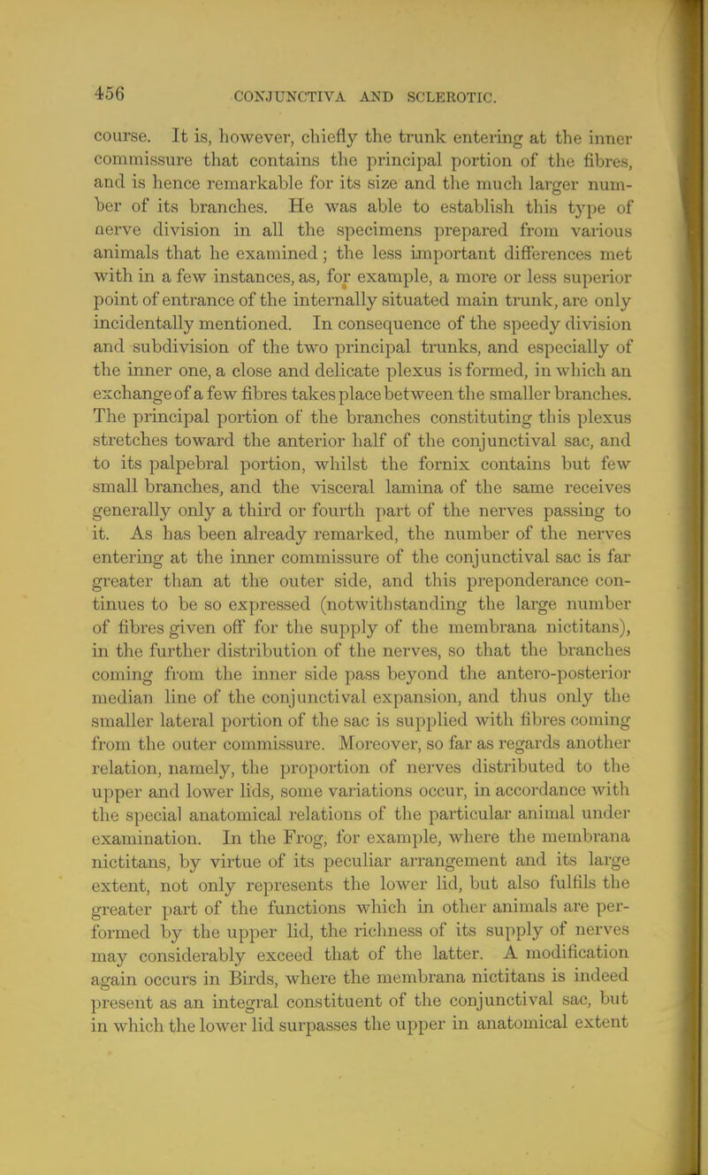 course. It is, however, chiefly the trunk entering at the inner commissure that contains the principal portion of the fibres, and is hence remarkable for its size and the much larger num- ber of its branches. He was able to establish this type of aerve division in all the specimens prepared from various animals that he examined; the less important differences met with in a few instances, as, for example, a more or less superior point of entrance of the internally situated main trunk, are only incidentally mentioned. In consequence of the speedy division and subdivision of the two principal trunks, and especially of the inner one, a close and delicate plexus is formed, in which an exchange of a few fibres takes place bet ween the smaller branches. The principal portion of the branches constituting this plexus stretches toward the anterior half of the conjunctival sac, and to its palpebral portion, whilst the fornix contains but few small branches, and the visceral lamina of the same receives generally only a third or fourth part of the nerves passing to it. As has been already remarked, the number of the nerves entering at the inner commissure of the conjunctival sac is far greater than at the outer side, and this preponderance con- tinues to be so expressed (notwithstanding the large number of fibres given off for the supply of the membrana nictitans), in the further distribution of the nerves, so that the branches coming from the inner side pass beyond the anteroposterior median line of the conjunctival expansion, and thus only the smaller lateral portion of the sac is supplied with fibres coming fx-om the outer commissure. Moreover, so far as regards another relation, namely, the proportion of nerves distributed to the upper and lower lids, some variations occur, in accordance with the special anatomical relations of the particular animal under examination. In the Frog, for example, where the membrana nictitans, by virtue of its peculiar arrangement and its large extent, not only repi-esents the lower lid, but also fulfils the greater part of the functions which in other animals are per- formed by the upper lid, the richness of its supply of nerves may considerably exceed that of the latter. A modification again occurs in Birds, where the membrana nictitans is indeed present as an integral constituent of the conjunctival sac, but in which the lower lid surpasses the upper in anatomical extent