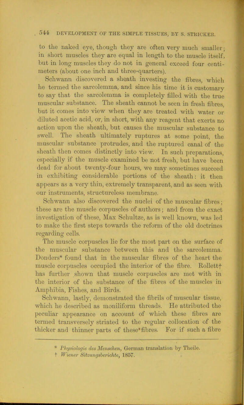 to the naked eye, though they are often very much smaller < in short muscles they are equal in length to the muscle itself, but in long muscles they do not in general exceed four centi- meters (about one inch and three-quarters). Schwann discovered a sheath investing the fibres, which he termed the sarcolemma, and since his time it is customary to say that the sarcolemma is completely filled with the true muscular substance. The sheath cannot be seen in fresh fibres, but it comes into view when they are treated with water or diluted acetic acid, or, in short, with any reagent that exerts no action upon the sheath, but causes the muscular substance to swell. The sheath ultimately ruptures at some point, the muscular substance protrudes, and the ruptured canal of the sheath then comes distinctly into view. In such preparations, especially if the muscle examined be not fresh, but have been dead for about twenty-four hours, we may sometimes succeed in exhibiting considerable portions of the sheath: it then appears as a very thin, extremely transparent, and as seen with our instruments, structureless membrane. Schwann also discovered the nuclei of the muscular fibres; these are the muscle corpuscles of authors; and from the exact investigation of these, Max Schultze, as is well known, was led to make the first steps towards the reform of the old doctrines regardinsr cells. The muscle corpuscles lie for the most part on the surface of the muscular substance between this and the sarcolemma. Donders* found that in the muscular fibres of the heart the muscle corpuscles occupied the interior of the fibre. Rollettf has further shown that muscle corpuscles are met with in the interior of the substance of the fibres of the muscles in Amphibia, Fishes, and Birds. Schwann, lastly, demonstrated the fibrils of muscular tissue, which he described as moniliform threads. He attributed the peculiar appearance on account of which these fibres are termed transversely striated to the regular collocation of the thicker and thinner parts of these* fibres. For if such a fibre * Physiologie des Menschen, German translation by Theile. t Wiener Sitzungsberichte, 1857.