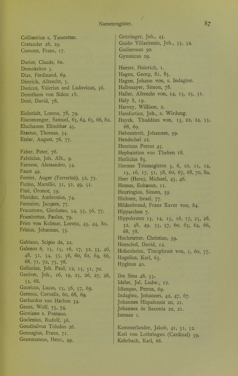 / Namenregister. 87 Collimitius s. Tanstetter. Cratander 28, 29. Cumont, Franz, 17. Dariot, Claude, 60. Demokritos 5. Diaz, Ferdinand, 69. Dietrich, Albrecht, 5. Doricus, Valerius und Ludovicus, 56. Dorotheos von Sidon 18. Dost, David, 78. Eichstädt, Lorenz, 78, 79. Eisenmenger, Samuel, 63, 64, 65, 66, 82. Eluchasem Elimithar 45. Erastus, Thomas, 34. Etzler, August, 76, 77. Faber, Peter, 76. Fabricius, Joh. Alb., 9. Farnese, Alessandro, 54. Faust 49. Ferrier, Auger (Ferrerius), 52, 73. Ficino, Marsilio, 31, 32, 49, 51. Fine, Oronce, 59. Floridus, Ambrosius, 74. Fontaine, Jacques, 77. Fracastoro, Girolamo, 54, 55, 56, 77. Frambottus, Paulus, 79. Fries von Kolmar, Lorenz, 43, 44, 80. Frisius, Johannes, 53. Gabiano, Scipio de, 22. Galenos 6, 13, 15, 16, 17, 32, 33, 46, 48, Sii 54, S5i 56, 60, 62, 64, 66, 68, 71, 72, 75, 78. Gallucius, Joh. Paul, 12, 15, 51, 70. Ganivet, Joh., 16, 19, 25, 26, 27, 28, 53, 68. Gauricus, Lucas, 15, 56, 57, 69. Gemma, Cornelis, 60, 68, 69. Gerhardus van Harlem 34. Geuss, Wolf, 73, 74. Gioviano s. Pontano. Goclenius, Rudolf, 36. Gondisalvus Toledus 26. Gonzagius, Franz, 71. Grüninger, Joh., 43. Guido Villariensis, Joh., 53, 54. Guiliermus 30. Gymnicus 29. Haeser, Heinrich, 1. Hagen, Georg, 81, 83. Hagen, Johann von, s. Indagine. Halbmayer, Simon, 78. Haller, Albrecht von, 14, 15, 25, 31. Haly 8, 19. Harvey, William, 2. Hassfurtius, Joh., s. Wirdung. Hayek, Thaddäus von, 13, 22, 24, 53, 68, 69. Hebenstreit, Johannes, 39. Hendschel 22. Henricus Petrus 45. Hephaistion von Theben 18. Herlicius 83. Hermes Trismegistos 5, 6, 10, 11, 12, 13, 16, 17, 51, 58, 60, 67, 68, 70, 80. Herr (Hero), Michael, 45, 46. Hessus, Eobanus, 11. Heuringius, Simon, 39. Hiebner, Israel, 77. Hildenbrand, Franz Xaver von, 84. Hipparchos 7. Hippokrates 13, 14, 15, 16, 17, 25, 28, 32, 48, 49, 55, S7i 6°i 63, 64, 66, 68, 78. Hochstetten Christian, 39. Hoeschel, David, 12. Hohenheim, Theophrast von, 1, 60, 77. Hugelius, Karl, 63. Hyginus 40. Ibn Sina 48, 55. Ideler, Jul. Ludw., 12. Idiasquo, Petrus, 69. Indagine, Johannes, 42, 47, 67. Johannes Hispalensis 20, 21. Johannes de Saxonia 20, 21. Isensee 1. Kammerlander, Jakob, 41, 51, 52. Karl von Lothringen (Cardinal) 59.