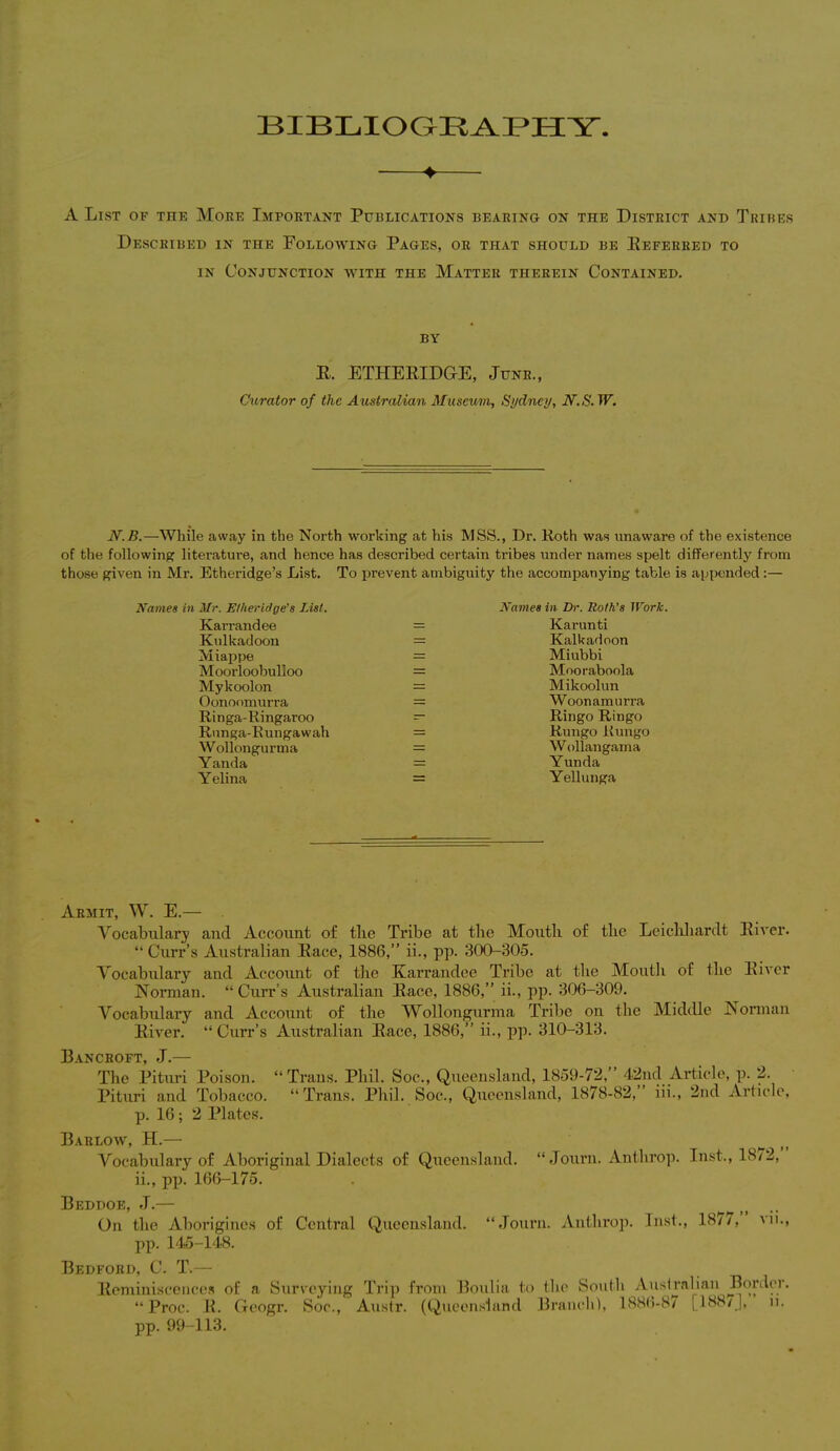 BIBLIOGRAPHY ♦ A List of the More Important Publications bearing on the District and Tribes Described in the Following Pages, or that should be Referred to in Conjunction with the Matter therein Contained. by R. ETHEEIDGE, Junr., Curator of the Australian Museum, Sydney, N.S.W. N.B.—While away in the North working at his MSS., Dr. Roth was unaware of the existence of the following literature, and hence has described certain tribes under names spelt differently from those given in Mr. Etheridge’s List. To prevent ambiguity the accompanying table is appended :— Names in Mr. Etheridge's List. Karrandee Kulkadoon Miappe Moorloobulloo Mykoolon Oonoomurra Ri n ga- Ri ngar oo Run ga-E unga w ah W ollongurma Yanda Y elina Names in Dr. Roth’s Work. Karunti Kalkadoon Miubbi Mboraboola Mikoolun Woonamurra Ringo Ringo Rungo Rungo Wollangama Yunda Yellunga Armit, W. E.— Vocabulary and Account of the Tribe at the Mouth of the Leichhardt River. “ Curr’s Australian Race, 1886,” ii., pp. 300-305. Vocabulary and Account of the Karrandee Tribe at the Mouth of the River Norman. “ Curr’s Australian Race, 1886,” ii., pp. 306-309. Vocabulary and Account of the Wollongurma Tribe on the Middle Norman River. “Curr’s Australian Race, 1886,” ii., pp. 310-313. Bancroft, J.— The Pituri Poison. “Trans. Phil. Soc., Queensland, 1859-72,” 42nd Article, p. 2. Pituri and Tobacco. “Trans. Phil. Soc., Queensland, 1878-82,” iii., 2nd Article, p. 16 ; 2 Plates. Barlow, H.— Vocabulary of Aboriginal Dialects of Queensland, ii., pp. 166-175. “ Journ. Anthrop. Inst., 1872, Beddoe, J.— On the Aborigines of Central Queensland, pp. 145-148. “Journ. Anthrop. Inst., 1877, vii., Bedford, C. T.— Reminiscences of a Surveying Trip from Boulia to the South Australian Border. “ Proc. R. Geogr. Soc., Austr. (Queensland Branch), 1886-87 [188/ ], n. pp. 99-113.