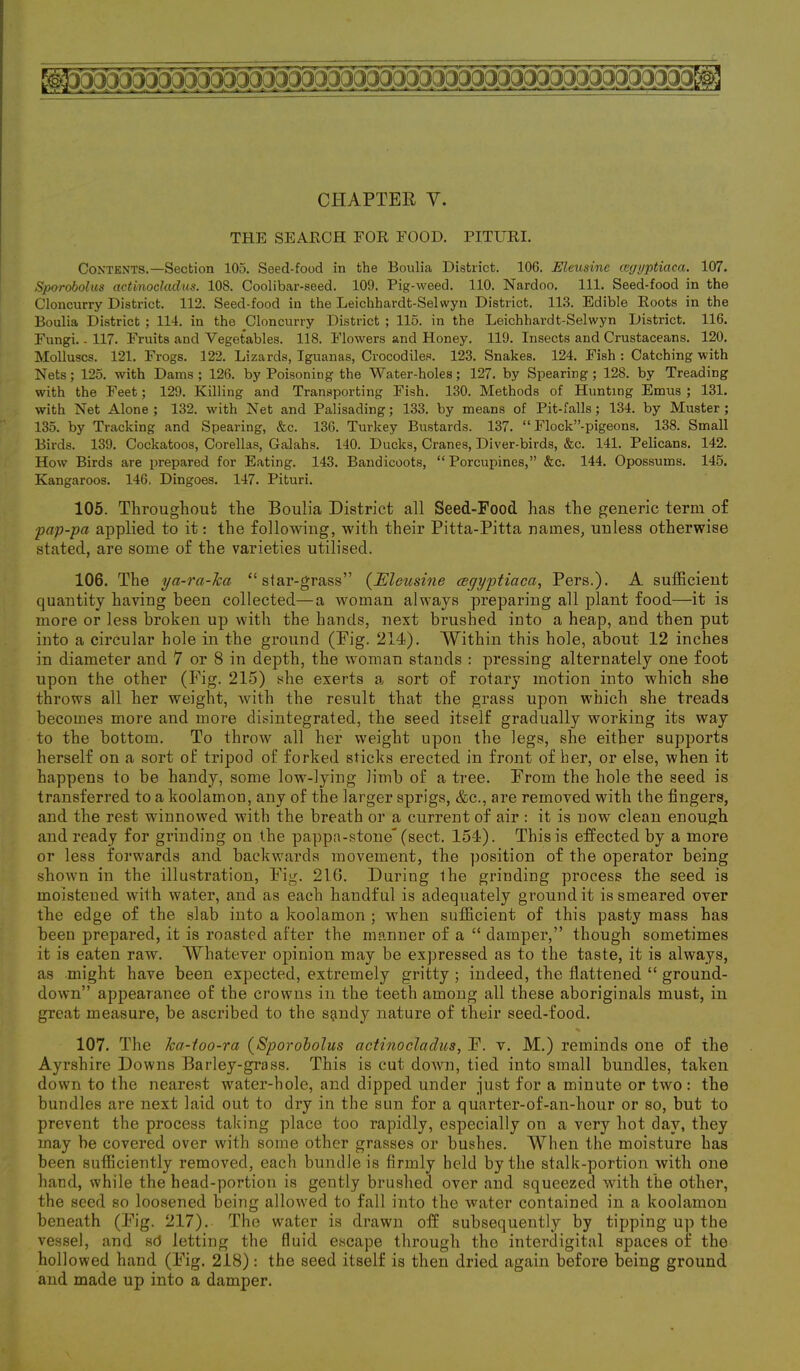 CHAPTER V. THE SEARCH FOR FOOD. PITURL Contents.—Section 105. Seed-food in the Boulia District. 106. Eleusine cegyptiaca. 107. Sporobolus actinocladus. 108. Coolibar-seed. 109. Pig-weed. 110. Nardoo. 111. Seed-food in the Cloncurry District. 112. Seed-food in the Leichhardt-Selwyn District. 113. Edible Roots in the Boulia District ; 114. in the Cloncurry District ; 115. in the Leichhardt-Selwyn District. 116. Fungi. - 117. Fruits and Vegetables. 118. Flowers and Honey. 119. Insects and Crustaceans. 120. Molluscs. 121. Frogs. 122. Lizards, Iguanas, Crocodiles. 123. Snakes. 124. Fish : Catching with Nets; 125. with Dams; 126. by Poisoning the Water-holes; 127. by Spearing; 128. by Treading with the Feet; 129. Killing and Transporting Fish. 130. Methods of Hunting Emus ; 131. with Net Alone; 132. with Net and Palisading; 133. by means of Pit-falls; 134. by Muster; 135. by Tracking and Spearing, &c. 136. Turkey Bustards. 137. “ Flock”-pigeons. 138. Small Birds. 139. Cockatoos, Corellas, Galahs. 140. Ducks, Cranes, Diver-birds, &c. 141. Pelicans. 142. How Birds are prepared for Eating. 143. Bandicoots, “ Porcupines,” &c. 144. Opossums. 145. Kangaroos. 146. Dingoes. 147. Pituri. 105. Throughout the Boulia District all Seed-Food has the generic term of pap-pa applied to it: the following, with their Pitta-Pitta names, unless otherwise stated, are some of the varieties utilised. 106. The ya-ra-ka “ slar-grass” (Eleusine cegyptiaca, Pers.). A sufficient quantity having been collected—a woman always preparing all plant food—it is more or less broken up with the hands, next brushed into a heap, and then put into a circular hole in the ground (Fig. 214). Within this hole, about 12 inches in diameter and 7 or 8 in depth, the woman stands : pressing alternately one foot upon the other (Fig. 215) she exerts a sort of rotary motion into which she throws all her weight, with the result that the grass upon which she treads becomes more and more disintegrated, the seed itself gradually working its way to the bottom. To throw all her weight upon the legs, she either supports herself on a sort of tripod of forked sticks erected in front of her, or else, when it happens to be handy, some low-lying limb of a tree. From the hole the seed is transferred to a koolainon, any of the larger sprigs, &c., are removed with the fingers, and the rest winnowed with the breath or a current of air : it is now clean enough and ready for grinding on the pappa-stone* (sect. 154). This is effected by a more or less forwards and backwards movement, the position of the operator being shown in the illustration, Fig. 216. During the grinding process the seed is moistened with water, and as each handful is adequately ground it is smeared over the edge of the slab into a koolamon ; when sufficient of this pasty mass has been prepared, it is roasted after the manner of a “ damper,” though sometimes it is eaten raw. Whatever opinion may be expressed as to the taste, it is always, as might have been expected, extremely gritty ; indeed, the flattened “ ground- down” appearance of the crowns in the teeth among all these aboriginals must, in great measure, be ascribed to the shindy nature of their seed-food. X 107. The Jca-too-ra (Sporobolus actinocladus, F. v. M.) reminds one of the Ayrshire Downs Barley-grass. This is cut down, tied into small bundles, taken down to the nearest water-bole, and dipped under just for a minute or two : the bundles are next laid out to dry in the sun for a quarter-of-an-hour or so, but to prevent the process taking place too rapidly, especially on a very hot day, they may be covered over with some other grasses or bushes. When the moisture has been sufficiently removed, each bundle is firmly held by the stalk-portion with one hand, while the head-portion is gently brushed over and squeezed with the other, the seed so loosened being allowed to fall into the water contained in a koolamon beneath (Fig. 217). The water is drawn off subsequently by tipping up the vessel, and sd letting the fluid escape through the interdigital spaces of the hollowed hand (Fig. 218): the seed itself is then dried again before being ground and made up into a damper.