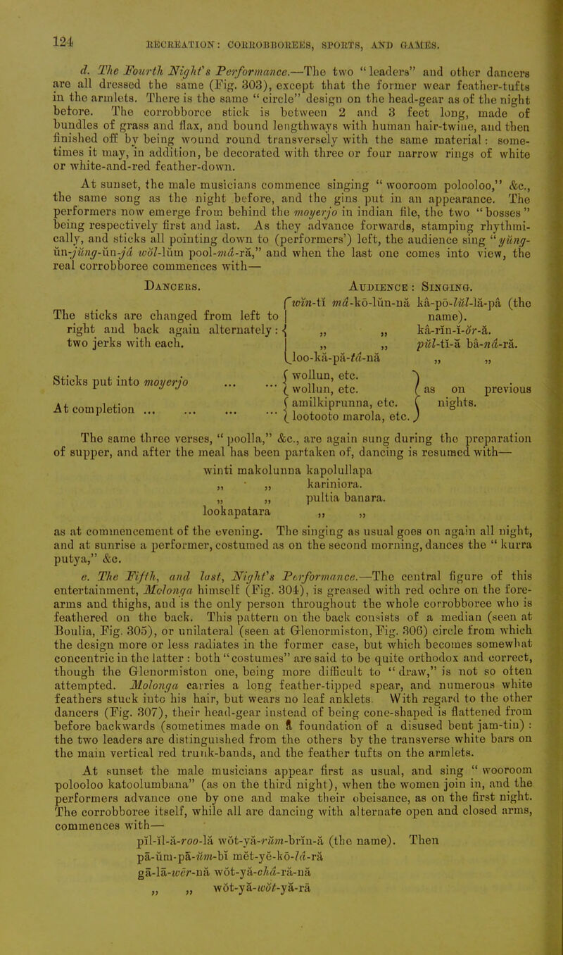 d. The Fourth Night's Performance.—The two “leaders” and other dancers are all dressed the same (Fig. 303), except that the former wear feather-tufts in the armlets. There is the same “ circle” design on the head-gear as of the night before. The corrobborce stick is between 2 and 3 feet long, made of bundles of grass and flax, and bound lengthways with human hair-twine, and then finished off by being wound round transversely with the same material: some- times it may, in addition, be decorated with three or four narrow rings of white or white-and-red feather-down. At sunset, the male musicians commence singing “ wooroom polooloo,” &c., the same song as the night before, and the gins put in an appearance. The performers now emerge from behind the moyerjo in indian file, the two “bosses” being respectively first and last. As they advance forwards, stampiug rhythmi- cally, and sticks all pointing down to (performers’) left, the audience sing “yting- iin-jujig-iin-jd icol-\urn pool-wa-ra,” and when the last one comes into view, the real corrobboree commences with— Dancees. Audience : Singing. The sticks are changed from left to right and back again alternately: <{ two jerks with each. Cwin-ti wd-ko-liin-na 55 55 55 55 Sticks put into moyerjo At completion ... {joo-ka-pa-M-na C wollun, etc. \ wollun, etc. f amilkiprunna, etc. I lootooto marola, etc. ka-po-ZwZ-la-pa (the name), ka-rin-i-or-a. pul-tl-a ba-Ha-ra. 55 55 ( as on previous t nights. The same three verses, “ poolla,” &c., are again sung during the preparation of supper, and after the meal has been partaken of, dancing is resumed with— winti makolunna kapolullapa „ * „ kariniora. „ „ pultia banara. lookapatara ,, „ as at commencement of the evening. The singing as usual goes on again all night, and at sunrise a performer, costumed as on the second morning, dances the “ kurra putya,” &c. e. The Fifth, and lust. Night's Performance.—The central figure of this entertainment, Molonga himself (Fig. 304), is greased with red ochre on the fore- arms and thighs, and is the only person throughout the whole corrobboree who is feathered on tho back. This pattern on the back consists of a median (seen at Boulia, Fig. 305), or unilateral (seen at Grlenormiston, Fig. 306) circle from which the design more or less radiates in the former case, but which becomes somewhat concentric in the latter : both “costumes” are said to be quite orthodox and correct, though the Glenormiston one, being more difficult to “ draw,” is not so often attempted. Molonga carries a long feather-tipped spear, and numerous white feathers stuck into his hair, but wears no leaf anklets. With regard to the other dancers (Fig. 307), their head-gear instead of being cone-shaped is flattened from before backwards (sometimes made on ?l foundation of a disused bent jam-tin) : the two leaders are distinguished from the others by the transverse white bars on the main vertical red trunk-bands, and the feather tufts on the armlets. At sunset the male musicians appear first as usual, and sing “ wooroom polooloo katoolumbana” (as on the third night), when the women join in, and the performers advance one by one and make their obeisance, as on the first night. The corrobboree itself, while all are dancing with alternate open and closed arms, commences with— pil-il-a-roo-la wot-ya-r#m-brin-a (the name). pa-um-pa-?m-bT met-ye-ko-ht-ra ga-la-icer-na wot-ya-cAa-ra-na „ wot-ya-aw£-ya-ra 55 Then 55