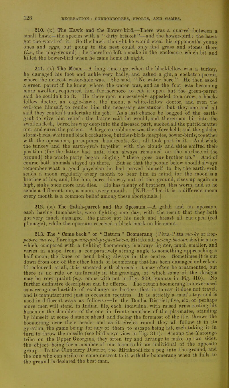 210. (k) The Hawk and the Bower-bird.—There was a quarrel between a small hawk—the species with a “ dirty brisket ”—and the bower-bird : the hawk got the worst of it. So the hawk thought he would steal his opponent’s young ones and eggs, but going to the nest could only find grass and stones there (i.e., the play-ground) : he therefore left a snake in the enclosure which bit and killed the bower-bird when he came home at night. 211. (l) The Moon.—A long time ago, when the blackfellow was a turkey, he damaged his foot and ankle very badly, and asked a gin, a cockatoo-parrot, where the nearest water-hole was. She said, “ No water here.” He then asked a green parrot if he knew where the water w'as, and as the foot was becoming more swollen, requested him furthermore to cut it open, but the green-parrot said he couldn’t do it. He thereupon successively appealed to a crowr, a black- fellow doctor, an eagle-hawk, the moon, a white-fellow doctor, and even the evil-one himself, to render him the necessary assistance: but they one and all said they couldn’t undertake the job. As a last chance he begged of the earth- grub to give him relief : the latter said he would, and thereupon bit into the swollen flesh, bored his way deep into the diseased part, sucked all the putrid matter out, and cured the patient. A large corrobboree was therefore held, and the galahs, storm-birds, white and black cockatoos, butcher-birds, magpies, bovver-birds, together with the opossums, porcupines, bandicoots, &c., all took part in it. And while the turkey and the earth-grub together with the clouds and skies shifted their position (for the latter had until then always remained on the surface of the ground) the whole party began singing “ there goes our brother up.” And of course both animals stayed up there. But so that the people below should always remember what a good physician he had proved himself to be, the earth-grub sends a moon regularly every month to bear him in mind, for the moon is a brother of his, and, like him, bores his way out of the ground, rises up again on high, sinks once more and dies. He has plenty of brothers, this worm, and so he sends a different one, a moon, every month. [N.B.—That it is a different moon every month is a common belief among these aboriginals.] 212. (m) The G-alah-parrot and the Opossum.—A galah and an opossum, each having tomahawks, were fighting one day, with the result that they both got very much damaged : the parrot got his neck and breast all cut open (red plumage), while the opossum received a black mark on his snout. 213. The “Come-back” or “Return” Boomerang (Pitta-Pitta ma-Jce or icop- poo-ro ma-ro, Yaroiuga ung-gub-pi-ja-ul-ve-a, Mitakoodi pe-eng boo-na, &c.) is a toy which, compared with a fighting boomerang, is always lighter, much smaller, and varies in shape from a comparatively strong angle to something approaching a half-moon, the' knee or bend being always in the ceutre. Sometimes it is cut down from one of the other kinds of boomerang that has been damaged or broken. If coloured at all, it is smeared with charcoal: it may often be ornamented, but there is no rule or uniformity in the gravings, of which some of the designs may be very quaint (e.g., emus with net in Pig. 309, iguanas in Pig. 310). No further definitive description can be offered. The return boomerang is never used as a recognised article of exchange or barter: that is to say it does not travel, and is manufactured just as occasion requires. It is strictly a man’s toy, and is used in different ways as follows :—In the Boulia District, five, six, or perhaps more men will stand in Indian file, each individual with raised arms resting his hands on the shoulders of the one in front: another of the playmates, standing by himself at some distance ahead and facing the foremost of the file, throws the boomerang over their heads, and as it circles round they all follow it in its gyration, the game being for any of them to escape being hit, each taking it in turn to throw the missile (see bird’s-eye view in Pig. 311). Among the Yaroinga tribe on the Upper Georgina, they often try and arrange to make up two sides, the object being for a member of one team to hit an individual of the opposite group. In the Cloncurry District, the Mitakoodi fix a peg into the ground, and the one who can strike or come nearest to it with the boomerang when it falls to the ground is declared the best man.