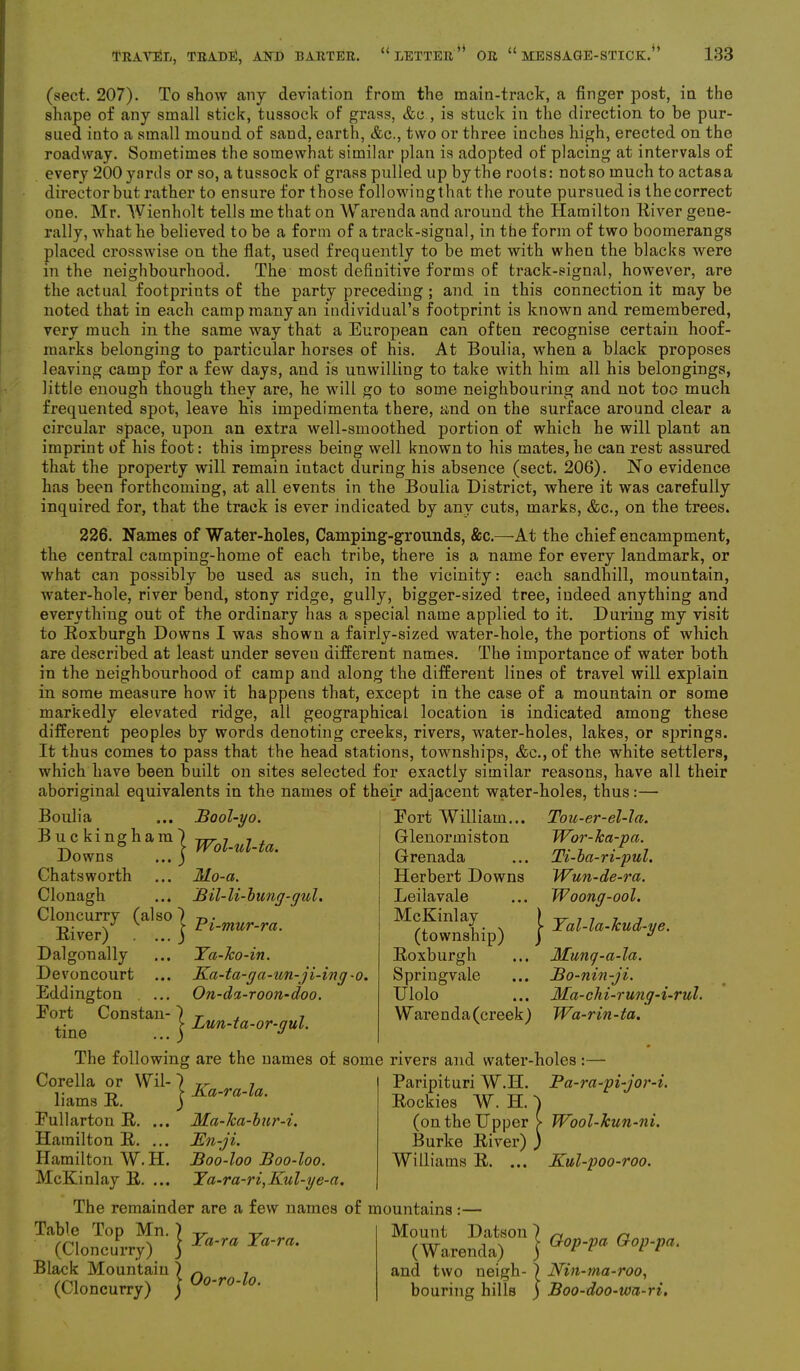 (sect. 207). To show any deviation from the main-track, a finger post, in the shape of any small stick, tussock of grass, &c , is stuck in the direction to be pur- sued into a small mound of sand, earth, &c., two or three inches high, erected on the roadway. Sometimes the somewhat similar plan is adopted of placing at intervals of every 200 yards or so, a tussock of grass pulled up by the roots: not so much to actasa director but rather to ensure for those following that the route pursued is the correct one. Mr. Wienholt tells me that on Warenda and around the Hamilton River gene- rally, what he believed to be a form of a track-signal, in the form of two boomerangs placed crosswise on the flat, used frequently to be met with when the blacks were in the neighbourhood. The most definitive forms of track-signal, however, are the actual footprints of the party preceding ; and in this connection it may be noted that in each camp many an individual’s footprint is known and remembered, very much in the same way that a European can often recognise certain hoof- marks belonging to particular horses of his. At Boulia, when a black proposes leaving camp for a few days, and is unwilling to take with him all his belongings, little enough though they are, he will go to some neighbouring and not too much frequented spot, leave his impedimenta there, and on the surface around clear a circular space, upon an extra well-smoothed portion of which he will plant an imprint of his foot: this impress being well known to his mates, he can rest assured that the property will remain intact during his absence (sect. 206). Ho evidence has been forthcoming, at all events in the Boulia District, where it was carefully inquired for, that the track is ever indicated by any cuts, marks, &c., on the trees. 226. Names of Water-holes, Camping-grounds, &c.—At the chief encampment, the central camping-home of each tribe, there is a name for every landmark, or what can possibly be used as such, in the vicinity: each sandhill, mountain, water-hole, river bend, stony ridge, gully, bigger-sized tree, indeed anything and everything out of the ordinary has a special name applied to it. During my visit to Roxburgh Downs I was shown a fairly-sized water-hole, the portions of which are described at least under seveu different names. The importance of water both in the neighbourhood of camp and along the different lines of travel will explain in some measure how it happens that, except in the case of a mountain or some markedly elevated ridge, all geographical location is indicated among these different peoples by words denoting creeks, rivers, water-holes, lakes, or springs. It thus comes to pass that the head stations, townships, &c., of the white settlers, which have been built on sites selected for exactly similar reasons, have all their aboriginal equivalents in the names of their adjacent water-holes, thus:— Boulia ... Bool-yo. Buckingham)^, , , Downs ... ) Chats worth ... Mo-a. Clonagh ... Bil- li-bung-gul. Cloncurry (also) -r,. River) ... j Dalgonally ... Ya-ko-in. Devoncourt ... Ka-ta-ga-un-ji-ing-o. Eddington ... On-da-roon-doo. Eort Constan-) T . , > Lun-tci-or-gul. The following are the names of some rivers and water-holes: Eort William... Glenormiston Grenada Herbert Downs Leilavale McKinlay (township) Roxburgh Springvale Ulolo Warenda (creek) Tou-er-el-la. Wor-Tca-pa. Ti-ba-ri-pul. Wun-de-ra. Woojig-ool. | Yal-la-kud-ye. Mung-a-la. Bo-nin-ji. Ma-chi-rung-i-rul. Wa-rin-ta. Corella or Wil- liams R. Eullarton R. ... Hamilton R. ... Hamilton W. H. McKinlay R. ... } Ka-ra-la. Ma-ka-bur-i. JEn-ji. Boo-loo Boo-loo. Ya-ra-ri, Kul-ye-a. Paripituri W.H. Pa-ra-pi-jor-i. Rockies W. IT. I (on the Upper > Wool-kun-ni. Burke River) ) Williams R. ... Kul-poo-roo. The remainder are a few names of mountains:— Table Top Mn. ) (Cloncurry) ) Black Mountain ) (Cloncurry) ) Ya-ra Ya-ra. Oo-ro-lo. Mount (Warenda) Datson ) Gop-pa Gop-pa. and two neigh- ) JYin-ma-roo, bouring hills ) Boo-doo-wa-ri.