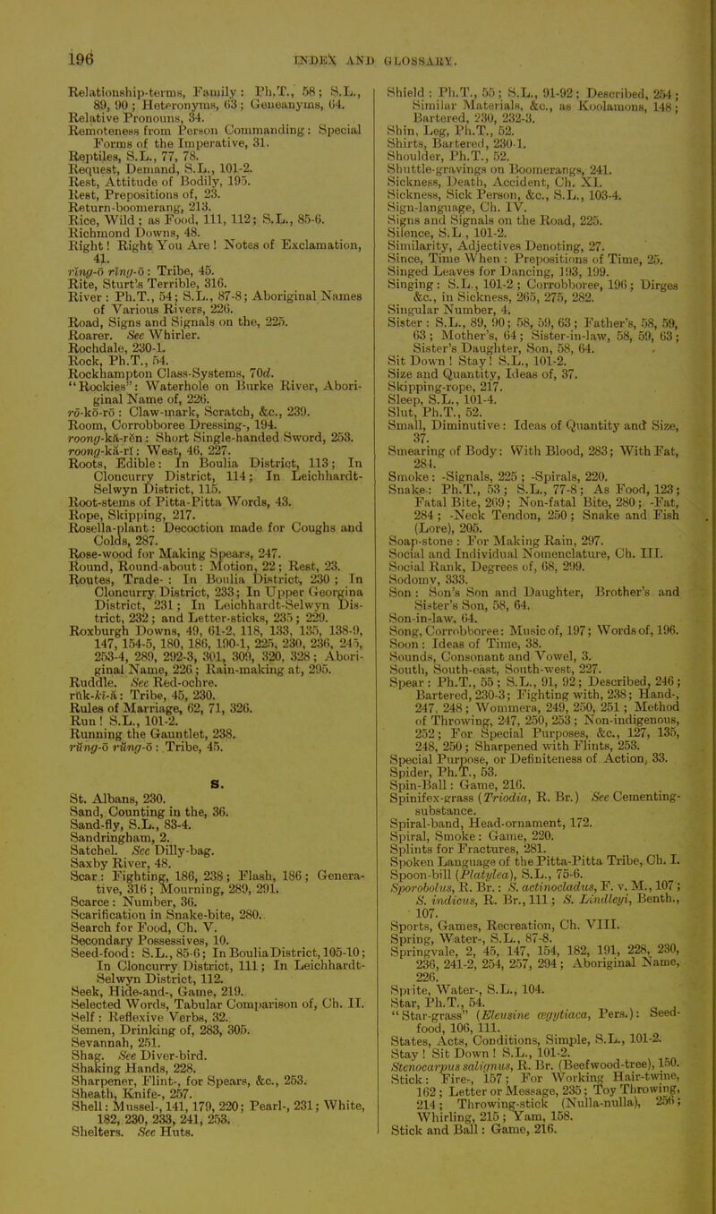 Relationship-terms, Family: Ph.T., 58; S.L., 89, 90 ; Heteronyms, 03; Geueanyms, 04. Relative Pronouns, 34. Remoteness from Person Commanding: Special Forms of the Imperative, 31. Reptiles, S.L., 77, 78. Request, Demand, S.L., 101-2. Rest, Attitude of Bodily, 195. Rest, Prepositions of, 23. Return-boomerang, 213. Rice, Wild ; as Food, 111, 112; S.L., 85-6. Richmond Downs, 48. Right! Right You Are ! Notes of Exclamation, 41. rlng-o ring- o : Tribe, 45. Rite, Sturtls Terrible, 316. River : Ph.T., 54; S.L., 87-8; Aboriginal Names of Various Rivers, 226. Road, Signs and Signals on the, 225. Roarer. See Whirler. Rochdale, 230-1. Rock, Ph.T., 54. Rockhampton Class-Systems, 70d. “Rockies”: Waterhole on Burke River, Abori- ginal Name of, 226. ro-ko-ro : Claw-mark, Scratch, &c., 239. Room, Corrobboree Dressing-, 194. roonr/-k5-rSn : Short Single-handed Sword, 253. roong-ka-rl: West, 46, 227. Roots, Edible: In Boulia District, 113; In Cloncurry District, 114; In Leichhardt- Selwyn District, 115. Root-stems of Pitta-Pitta Words, 43. Rope, Skipping, 217. Rosella-plant: Decoction made for Coughs and Colds, 287. Rose-wood for Making Spears, 247. Round, Round-about: Motion, 22; Rest, 23. Routes, Trade- : In Boulia District, 230 ; In Cloncurry District, 233; In Upper Georgina District, 231; In Leichhardt-Selwyn Dis- trict, 232; and Letter-sticks, 235; 229. Roxburgh Downs, 49, 61-2, 118, 133, 135, 138-9, 147, 154-5, 180, 186, 190-1, 225, 230, 236, 245, 253-4, 289, 292-3, 301, 309, 320, 328; Abori- ginal Name, 226; Rain-making at, 295. Ruddle. Sec Red-ochre. rttk-H-a: Tribe, 45, 230. Rules of Marriage, 62, 71, 326. Run! S.L., 101-2. Running the Gauntlet, 238. rting-o rung-6 : Tribe, 45. S. St. Albans, 230. Sand, Counting in the, 36. Sand-fly, S.L., S3-4. Sandringham, 2. Satchel. Sec Dilly-bag. Saxby River, 48. Scar : Fighting, 186, 238 ; Flash, 186 ; Genera- tive, 316; Mourning, 289, 291. Scarce: Number, 36. Scarification in Snake-bite, 280. Search for Food, Ch. V. Secondary Possessives, 10. Seed-food: S.L.,85-6; In BouliaDistrict, 105-10; In Cloncurry District, 111; In Leichhardt- Selwyn District, 112. Seek, Hide-and-, Game, 219. Selected Words, Tabular Comparison of, Ch. II. Self : Reflexive Verbs, 32. Semen, Drinking of, 283, 305. Sevannah, 251. Shag. See Diver-bird. Shaking Hands, 228. Sharpener, Flint-, for Spears, &c., 253. Sheath, Knife-, 257. Shell: Mussel-, 141, 179, 220; Pearl-, 231; White, 182, 230, 233, 241, 253. Shelters. Sec Huts. Shield : Ph.T., 55; S.L., 91-92; Described, 254; Similar Materials, &c., as Koolamons, 148; Bartered, 230, 232-3. Shin, Leg, Ph.T., 52. Shirts, Bartered, 230-1. Shoulder, Ph.T., 52. Shuttle-gravings on Boomerangs, 241. Sickness, Death, Accident, Ch. XI. Sickness, Sick Person, &c., S.L., 103-4. Sign-language, Ch. IV. Signs and Signals on the Road, 225. Silence, S.L , 101-2. Similarity, Adjectives Denoting, 27. Since, Time When : Prepositions of Time, 25. Singed Leaves for Dancing, 193, 199. Singing: S.L., 101-2 ; Corrobboree, 196; Dirges &c., in Sickness, 265, 275, 282. Singular Number, 4. Sister : S.L., 89, 90; 58, 59, 63 ; Father’s, 58, 59, 63 ; Mother’s, 64; Sister-in-law, 58, 59, 63 ; Sister’s Daughter, Son, 58, 64. Sit Down ! Stay! S.L., 101-2. Size and Quantity, Ideas of, 37. Skipping-rope, 217. Sleep, S.L., 101-4. Slut, Ph.T., 52. Small, Diminutive: Ideas of Quantity and- Size, 37. Smearing of Body: With Blood, 283; With Fat, 281. Smoke : -Signals, 225 ; -Spirals, 220. Snake-: Ph.T., 53 ; S.L., 77-8 ; As Food, 123; Fatal Bite, 2<>9; Non-fatal Bite, 280; -Fat, 284 ; -Neck Tendon, 250 ; Snake and Fish (Lore), 205. Soap-stone : For Making Rain, 297. Social and Individual Nomenclature, Ch. III. Social Rank, Degrees of, 68, 21)9. Sodomy, 333. Son : Son’s Son and Daughter, Brother’s and Sister’s Son, 58, 64. Son-in-law, 64. Song, Corrobboree: Music of, 197; Words of, 196. Soon : Ideas of Time, 3S. Sounds, Consonant and Vowel, 3. South, South-east, South-west, 227. Spear: Ph.T., 55; S.L., 91, 92; Described, 246; Bartered, 230-3; Fighting with, 23S; Hand-, 247, 248; YVommera, 249, 250, 251; Method of Throwing, 247, 250, 253 ; Non-indigenous, 252; For Special Purposes, &c., 127, 135, 248, 250; Sharpened with Flints, 253. Special Purpose, or Definiteness of Action, 33. Spider, Ph.T., 53. Spin-Ball: Game, 216. Spinifex-grass (Triodia, R. Br.) Sec Cementing- substance. Spiral-band, Head-ornament, 172. Spiral, Smoke : Game, 220. Splints for Fractures, 281. Spoken Language of the Pitta-Pitta Tribe, Ch. I. Spoon-bill (Platylea), S.L., 75-6. Sporobolus, R. Br.: S. actinocladus, F. v. M., 107; S. indicus, R. Br.,111; S. Lindleyi, Benth., 107. Sports, Games, Recreation, Ch. VIII. Spring, Water-, S.L., 87-8. Springvale, 2, 45, 147, 154, 182, 191, 228, 230, 236. 241-2. 254, 257, 294; Aboriginal Name, 226. Sprite, Water-, S.L., 104. Star, Ph.T., 54. 4 „ , “Star-grass” (Eleusine cegytiaca, Pers.): Seed- food, 106, 111. States, Acts, Conditions, Simple, S.L., 101-2. Stay! Sit Down ! S.L., 101-2. Stenocarpus salignus, R. Br. (Beefwood-tree), 150. Stick: Fire-, 157; For Working Hair-twme, 162 ; Letter or Message, 235; Toy Throwing, 214; Throwing-stick (Nulla-nulla), 256; Whirling, 215; Yam, 158. Stick and Ball: Game, 216.