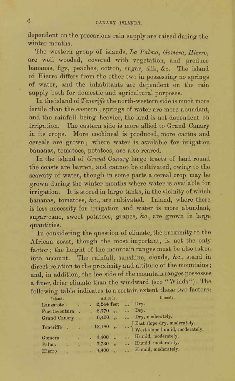 CANARY ISLANDS. dependent on the precarious rain supply are raised during the winter months. The western group of islands, La Palma, Gomera, Hierro, are well wooded, covered with vegetation, and produce bananas, figs, peaches, cotton, sugar, silk, &c. The island of Hierro differs from the other two in possessing no springs of water, and the inhabitants are dependent on the rain supply both for domestic and agricultural purposes. In the island of Teneriffe the north-western side is much more fertile than the eastern; springs of water are more abundant, and the rainfall being heavier, the land is not dependent on irrigation. The eastern side is more allied to Grand Canary in its crops. More cochineal is produced, more cactus and cereals are grown; where water is available for irrigation bananas, tomatoes, potatoes, are also reared. In the island of Grand Canary large tracts of land round the coasts are barren, and cannot be cultivated, owing to the scarcity of water, though in some parts a cereal crop may be grown during the winter months where water is available for irrigation. It is stored in large tanks, in the vicinity of which bananas, tomatoes, &c., are cultivated. Inland, where there is less necessity for irrigation and water is more abundant, sugar-cane, sweet potatoes, grapes, &c., are grown in large quantities. In considering the question of climate, the proximity to the African coast, though the most important, is not the only factor; the height of the mountain ranges must be also taken into account. The i-ainfall, sunshine, clouds, &c., stand in direct relation to the proximity and altitude of the mountains; and, in addition, the lee side of the mountain ranges possesses a finer,drier climate than the windward (see Winds). The following table indicates to a certain extent these two factors: Island. Lanzarote . Fuei'teventura Grand Canary Teneriffe . Gomera Palma Hierro Altitude. 2,244 feet 2,770 6,400 12,180 4,400 7,730 4,400 Climate. Dry. Dry. Dry, moderately, f East slope dry, moderately. 1 West slope humid, moderately. Humid, moderately. Humid, moderately. Humid, moderately.