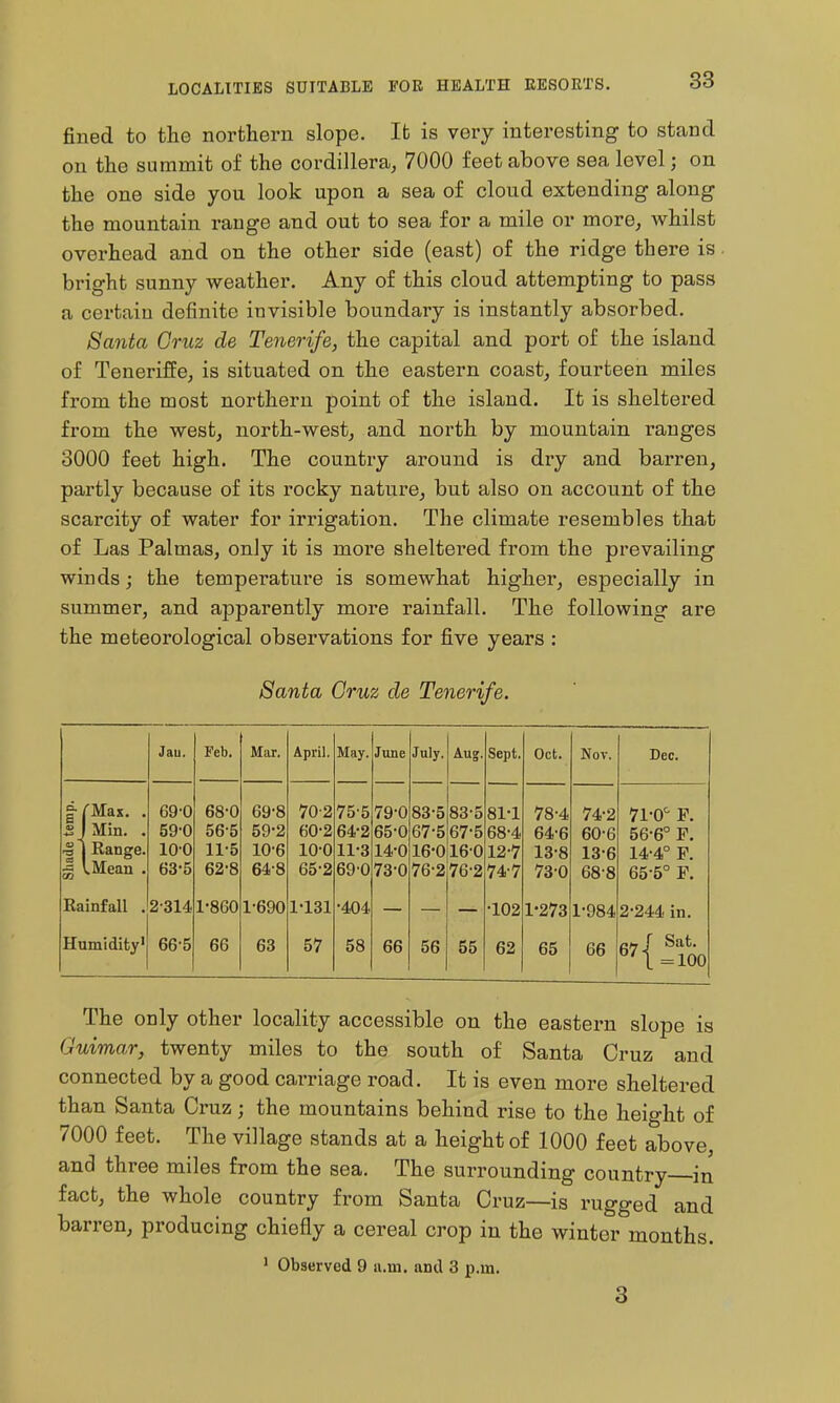 fined to the northern slope. It is very interesting to stand on the summit of the Cordillera, 7000 feet above sea level; on the one side you look upon a sea of cloud extending along the mountain range and out to sea for a mile or more, whilst overhead and on the other side (east) of the ridge there is bright sunny weather. Any of this cloud attempting to pass a certain definite invisible boundary is instantly absorbed. Santa Gruz de Tenerife, the capital and port of the island of Teneriffe, is situated on the eastern coast, fourteen miles from the most northern point of the island. It is sheltered from the west, north-west, and north by mountain ranges 3000 feet high. The country around is dry and barren, partly because of its rocky nature, but also on account of the scarcity of water for irrigation. The climate resembles that of Las Palmas, only it is more sheltered from the prevailing winds; the temperature is somewhat higher, especially in summer, and apparently more rainfall. The following are the meteorological observations for five years : Santa Oruz de Tenerife. Jau. Feb. Mar. April. May. June July. Aug. Sept. Oct. Nov. Dec. sjMin. . |1 Range. ~ I Mean . 69-0 59-0 100 63-5 68-0 56-5 11-5 62-8 69-8 59-2 10-6 64-8 70-2 60-2 10-0 65-2 75-5 64-2 11-3 69-0 79-0 65-0 14-0 73-0 83-5 67-5 16-0 76-2 83-5 67-5 16-0 76-2 81-1 68-4 12-7 74-7 78-4 64-6 13-8 730 74-2 60-6 13-6 68-8 71-0'- F. 56-6° F. 14-4° F. 65-5° F. Rainfall . 2-314. 1-860 1-690 1-131 -404 -102 1-273 1-984 2-244 in. Humidity' 66-5 66 63 57 58 66 56 55 62 65 66 ^1 =100 The only other locality accessible on the eastern slope is Guimar, twenty miles to the south of Santa Cruz and connected by a good carriage road. It is even more sheltered than Santa Cruz; the mountains behind rise to the height of 7000 feet. The village stands at a height of 1000 feet above, and three miles from the sea. The surrounding country in fact, the whole country from Santa Cruz—is rugged and barren, producing chiefly a cereal crop in the winter months. ' Observed 9 a.m. and 3 p.m. 3