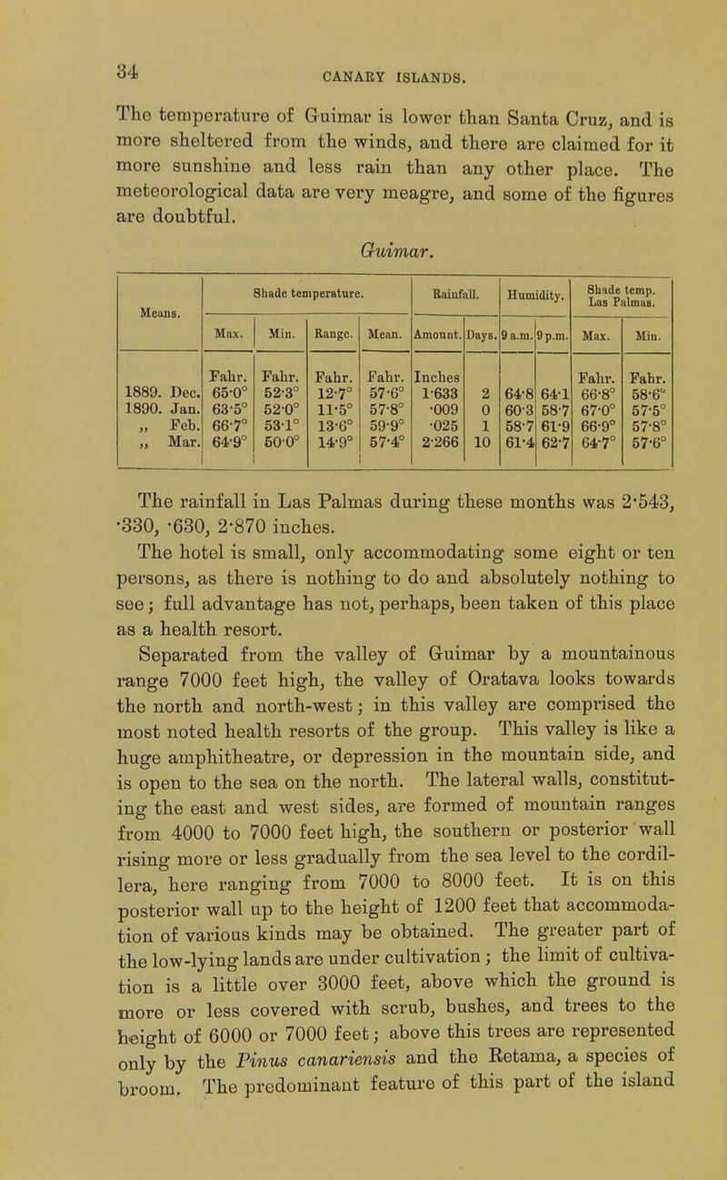 The temperature of Guimar is lower than Santa Cruz, and is more sheltered from the winds, and there are claimed for it more sunshine and less rain than any other place. The meteorological data are very meagre, and some of the figures are doubtful. Guimar. Shade temperature. Rainfall. Humidity. Shade temp. Las Palmas. Meaus. Max. Min. Range. Mean. Amount. Days. 9a,m. 9 p.m. Max. Min. Fahr. Fahr. Fahr. Fahr. Inches Fahr. Fahr. 1889. Dec. 65-0° 52-3° 12-7° 57-6° 1-633 2 64-8 641 66-8° 58-6'' 1890. Jan. 63-5° 52-0° 11-5° 57-8° •009 0 60-3 58^7 67^0° 57-5° „ Feb. 66-7° 53-1° 13-6° 59-9° •025 1 58-7 61-9 66-9° 57-8° „ Mar. 64-9° 500° 14-9° 57-4° 2-266 10 61-4 62-7 64-7° 57-6° The rainfall in Las Palmas during these months was 2543, •330, -630, 2-870 inches. The hotel is small, only accommodating some eight or ten persons, as there is nothing to do and absolutely nothing to see; full advantage has not, perhaps, been taken of this place as a health resort. Separated from the valley of Guimar by a mountainous range 7000 feet high, the valley of Oratava looks towards the north and north-west; in this valley are comprised the most noted health resorts of the group. This valley is like a huge amphitheatre, or depression in the mountain side, and is open to the sea on the north. The lateral walls, constitut- ing the east and west sides, are formed of mountain ranges from 4000 to 7000 feet high, the southern or posterior wall rising more or less gradually from the sea level to the Cordil- lera, here ranging from 7000 to 8000 feet. It is on this posterior wall up to the height of 1200 feet that accommoda- tion of various kinds may be obtained. The greater part of the low-lying lands are under cultivation; the limit of cultiva- tion is a little over 3000 feet, above which the ground is more or less covered with scrub, bushes, and trees to the height of 6000 or 7000 feet; above this trees are represented only by the Pinus canariensis and the Retama, a species of broom. The predominant feature of this part of the island