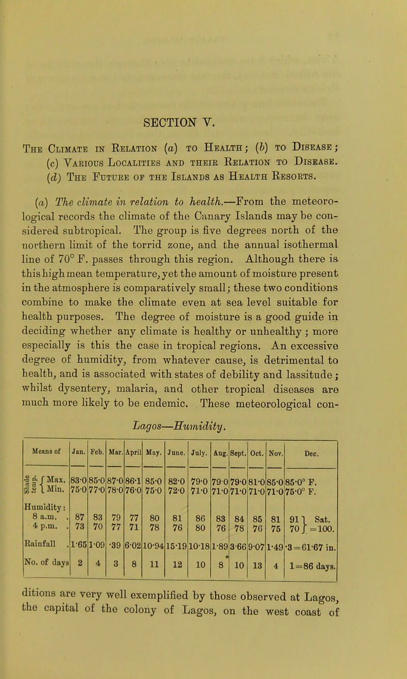 SECTION V. The Climate in Eelation (a) to Healthj (h) to Disease; (c) Various Localities and their Relation to Disease. {d) The Future op the Islands as Health Resorts. {a) The climate in relation to health.—From the meteoro- logical records the climate of the Canary Islands may be con- sidered subtropical. The group is five degrees north of the northern limit of the torrid zone^ and the annual isothermal line of 70° F. passes through this region. Although there is this high mean temperature^ yet the amount of moisture present in the atmosphere is comparatively small; these two conditions combine to make the climate even at sea level suitable for health purposes. The degree of moisture is a good guide in deciding whether any climate is healthy or unhealthy; more especially is this the case in tropical regions. An excessive degree of humidity, from whatever cause, is detrimental to health, and is associated with states of debility and lassitude; whilst dysentery, malaria, and other tropical diseases are much more Hkely to be endemic. These meteorological con- Lagos—Humidity. Means of Jan. Feb. Mar. April May. June. July. Aug. Sept. Oct. Nov. Dec. II (Max. II LMin. 83-0 750 85-0 77-0 87-0 78-0 86-1 76-0 85-0 75-0 82-0 72-0 79-0 71-0 790 71-0 79-0 71-0 81-0 71-0 85-0 71-0 85-0° F. 75-0° F. Humidity: 8 a.m. . 4 p.m. . 87 73 83 70 79 77 77 71 80 78 81 76 86 80 83 76 84 78 85 76 81 75 91T Sat. 701=100. Rainfall 1-65 1-09 •39 6-02 10-94 15-19 10-18 1-89 3-66 9-07 1-49 •3 = 61-67 in. No. of days 2 4 3 8 11 12 10 8 10 13 4 1=86 days. ditions are very well exemplified by those observed at Lagos, the capital of the colony of Lagos, on the west coast of