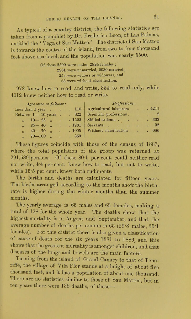 As typical of a country district, the following statistics are taken from a pamphlet by Dr. Frederico Leon, of Las Palmas, entitled the ' Vega of San Matteo.' The district of San Matteo is towards the centre of the island, from two to fom- thousand feet above sea-level, and the population was nearly 5500. Of these 2500 were males, 2824 females ; 2981 were unmarried, 2030 married; 253 were widows or widowers, and 63 were without classification. 978 knew how to read and write, 334 to read only, while 4012 knew neither how to read or write. Ages were as follows: Less than 1 year . . . 110 Between 1— 10 years . . 822 „ 10— 25 „ . . 1292 „ 25— 40 „ . . 1931 . „ 40— 70 „ . . 1005 „ 70—100 „ . . 360 Professions. Agricultural labourers Scientific professions. Skilled artisans . Servants . Without classification 4211 2 333 92 686 These figures coincide with those of the census of 1887, where the total population of the group was returned at 291,589;persons. Of these 80'1 per cent, could neither read nor write, 4'4 per cent, knew how to read, but not to write, while 155 per cent, knew both rudiments. The births and deaths are calculated for fifteen years. The births arranged according to the months show the birth- rate is higher during the winter months than the summer months. The yearly average is 65 males and 63 females, making a total of 128 for the whole year. The deaths show that the highest mortality is in August and Septembei', and that the average number of deaths per annum is 65 (29*8 males, 35'1 females). For this district there is also given a classification of cause of death for the six years 1881 to 1886, and this shows that the greatest mortality is amongst children, and that diseases of the lungs and bowels are the main factors. Turning from the island of Grand Canary to that of Tene- riffe, the village of Vila Flor stands at a height of about five thousand feet, and it has a population of about one thousand. There are no statistics similar to those of San Matteo, but in ten years there were 138 deaths, of these—