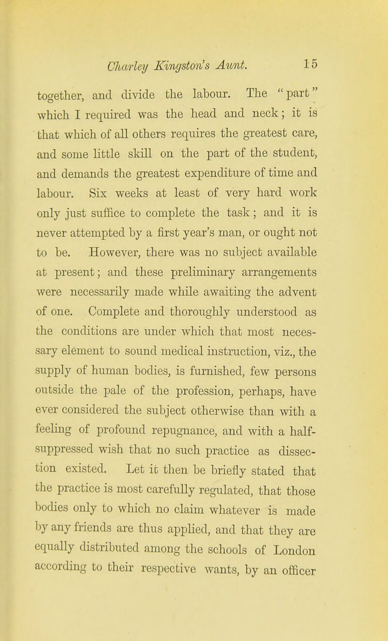 together, and divide fclie labour. The part which I required was the head and neck; it is that which of all others requu'es the greatest care, and some little skill on the part of the student, and demands the greatest expenditure of time and labour. Six weeks at least of very hard work only just suffice to complete the task; and it is never attempted by a first year's man, or ought not to be. However, there was no subject available at present; and these preliminary arrangements were necessarily made while awaiting the advent of one. Complete and thoroughly understood as the conditions are under which that most neces- sary element to sound medical instruction, viz., the supply of human bodies, is furnished, few persons outside the pale of the profession, perhaps, have ever considered the subject otherwise than with a feelmg of profound repugnance, and with a half- suppressed wish that no such practice as dissec- tion existed. Let it then be briefly stated that the practice is most carefully regulated, that those bodies only to which no claun whatever is made by any friends are thus applied, and that they are equally distributed among the schools of London according to their respective wants, by an officer