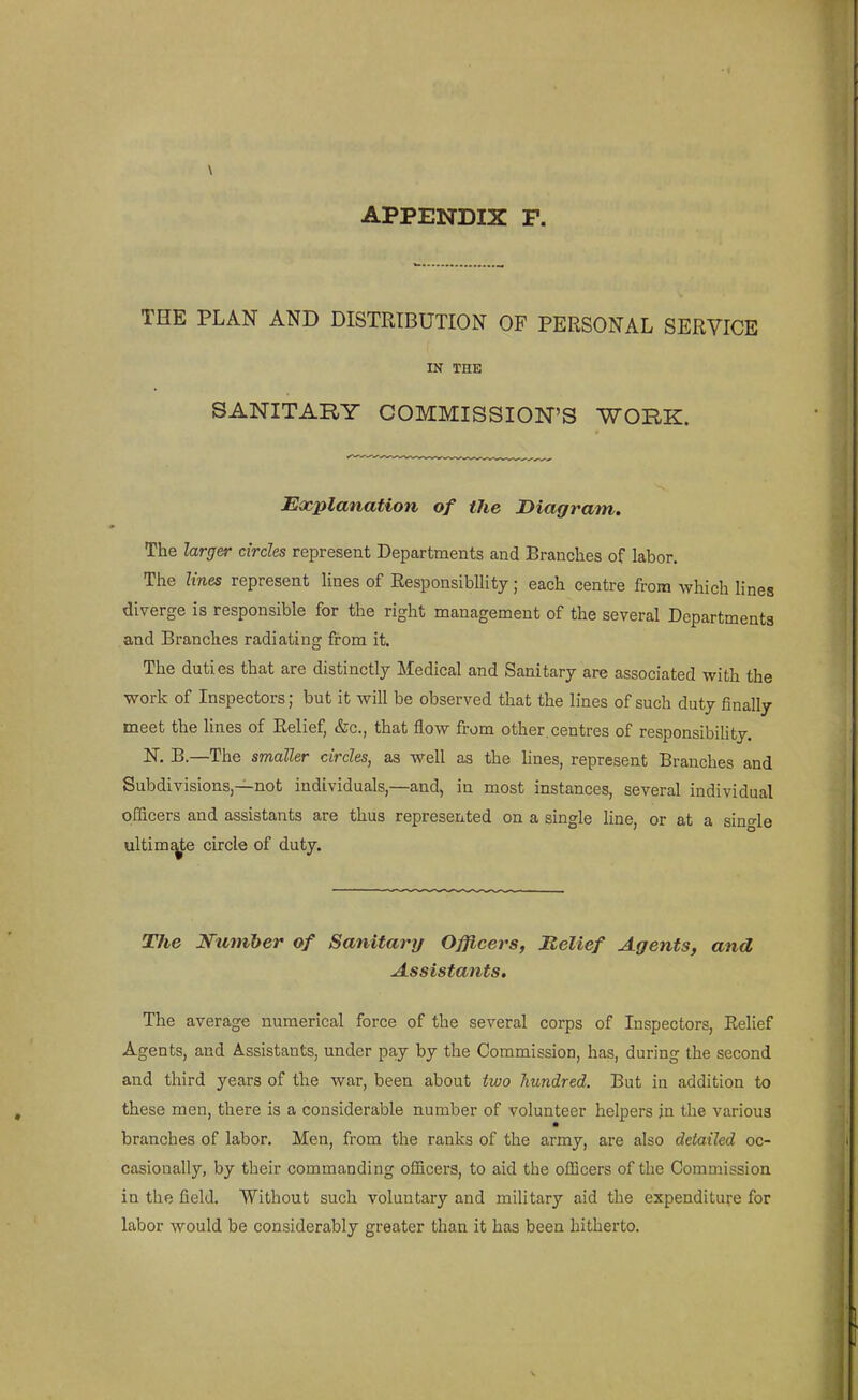 THE PLAN AND DISTRIBUTION OF PERSONAL SERVICE IN THE SANITARY COMMISSION'S WORK. Eocplanation of the Diagram, The larger circles represent Departments and Branches of labor. The lines represent lines of Responsibility; each centre from Avhich lines diverge is responsible for the right management of the several Departments and Branches radiating from it. The duties that are distinctly Medical and Sanitary are associated with the work of Inspectors; but it will be observed that the lines of such duty finally meet the lines of Relief, &c., that flow from other, centres of responsibiUty. N. B.—The smaller circles, as well as the lines, represent Branches and Subdivisions,—not individuals,—and, in most instances, several individual officers and assistants are thus represerited on a single line, or at a single ultimate circle of duty. The Number of Sanitary Officers, Melief Agents, and Assistants. The average numerical force of the several corps of Inspectors, Relief Agents, and Assistants, under pay by the Commission, has, during the second and third years of the war, been about two hundred. But in addition to these men, there is a considerable number of volunteer helpers jn the various branches of labor. Men, from the ranks of the army, are also detailed oc- casionally, by their commanding officers, to aid the officers of the Commission in the field. Without such voluntary and military aid the expenditure for labor would be considerably greater than it has been hitherto.