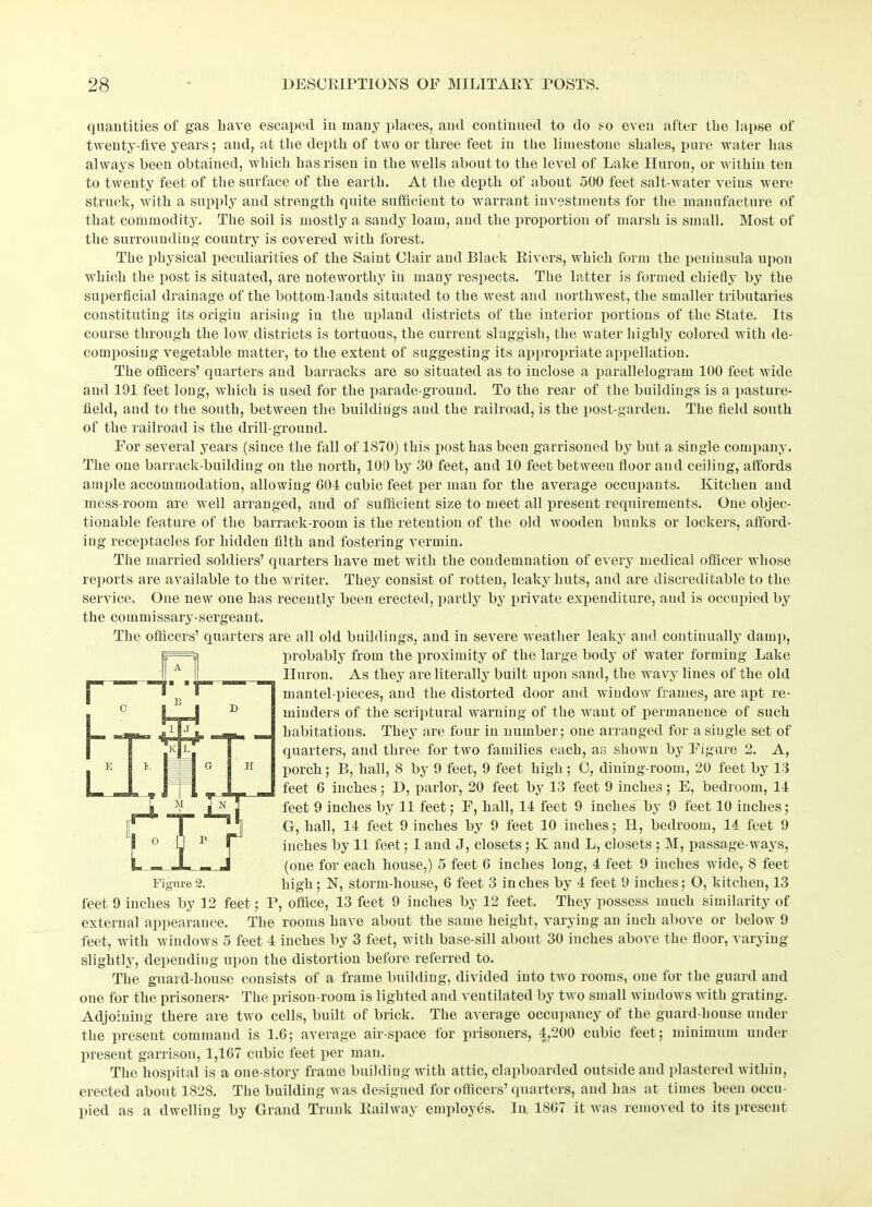 quantities of gas have escaped in many places, and continued to do so even after the lapse of twenty-five years; and, at the depth of two or three feet in the limestone shales, pure water has always been obtained, which has risen in the wells about to the level of Lake Huron, or within ten to twenty feet of the surface of the earth. At the depth of about 500 feet salt-water veins were struck, with a supply and strength quite sufficient to warrant investments for the manufacture of that commodity. The soil is mostly a sandy loam, and the proportion of marsh is small. Most of the surrounding country is covered with forest. The physical peculiarities of the Saint Clair and Black Rivers, which form the peniustda upon which the post is situated, are noteworthy in many respects. The latter is formed chiefly by the superficial drainage of the bottom-lands situated to the west and northwest, the smaller tributaries constituting its origin arising in the upland districts of the interior portions of the State. Its course through the low districts is tortuous, the current sluggish, the water highly colored with de- composing vegetable matter, to the extent of suggesting its appropriate appellation. The officers’ quarters and barracks are so situated as to inclose a parallelogram 100 feet wide and 191 feet long, which is used for the parade-ground. To the rear of the buildings is a pasture- field, and to the south, between the buildings and the railroad, is the post-garden. The field south of the railroad is the drill-ground. For several years (since the fall of 1870) this post has been garrisoned by but a single company. The one barrack-building on the north, 100 by 30 feet, and 10 feet between floor and ceiling, affords ample accommodation, allowing G01 cubic feet per man for the average occupants. Kitchen and mess-room are well arranged, and of sufficient size to meet all present requirements. One objec- tionable feature of the barrack-room is the retention of the old wooden bunks or lockers, afford- ing receptacles for hidden filth and fostering vermin. The married soldiers’ quarters have met with the condemnation of every medical officer whose reports are available to the writer. They consist of rotten, leaky huts, and are discreditable to the service. One new one has recently been erected, partly by private expenditure, and is occupied by the commissary-sergeant. The officers’ quarters are all old buildings, and in severe weather leaky and continually damp, probably from the proximity of the large body of water forming Lake Huron. As they are literally built upon sand, the wavy lines of the old mantel-pieces, and the distorted door and window frames, are apt re- minders of the scriptural warning of the want of permanence of such habitations. They are four in number; one arranged for a single set of quarters, and three for two families each, as shown by Figure 2. A, porch; B, hall, 8 by 9 feet, 9 feet high; O, dining-room, 20 feet by 13 feet G inches; D, parlor, 20 feet by 13 feet 9 inches; E, bedroom, 14 feet 9 inches by 11 feet; F, hall, 14 feet 9 inches by 9 feet 10 inches; G, hall, 14 feet 9 inches by 9 feet 10 inches; H, bedroom, 14 feet 9 inches by 11 feet; I and J, closets ; K and L, closets ; M, passage-ways, (one for each house,) 5 feet 6 inches long, 4 feet 9 inches wide, 8 feet Figure2. high; N, storm-house, 6 feet 3 inches by 4 feet 9 inches; O, kitchen, 13 feet 9 inches by 12 feet; P, office, 13 feet 9 inches by 12 feet. They possess much similarity of external appearance. The rooms have about the same height, varying an inch above or below 9 feet, with windows 5 feet 4 inches by 3 feet, with base-sill about 30 inches above the floor, varying slightly, depending upon the distortion before referred to. The guard-house consists of a frame building, divided into two rooms, one for the guard and one for the prisoners* The prison-room is lighted and ventilated by two small windows with grating. Adjoining there are two cells, built of brick. The average occupancy of the guard-house under the present command is 1.6; average air-space for prisoners, 4,200 cubic feet; minimum under present garrison, 1,1G7 cubic feet per man. The hospital is a one-story frame building with attic, clapboarded outside and plastered within, erected about 1828. The building was designed for officers’ quarters, and has at times been occu- pied as a dwelling by Grand Trunk Railway employes. In. 1807 it was removed to its present