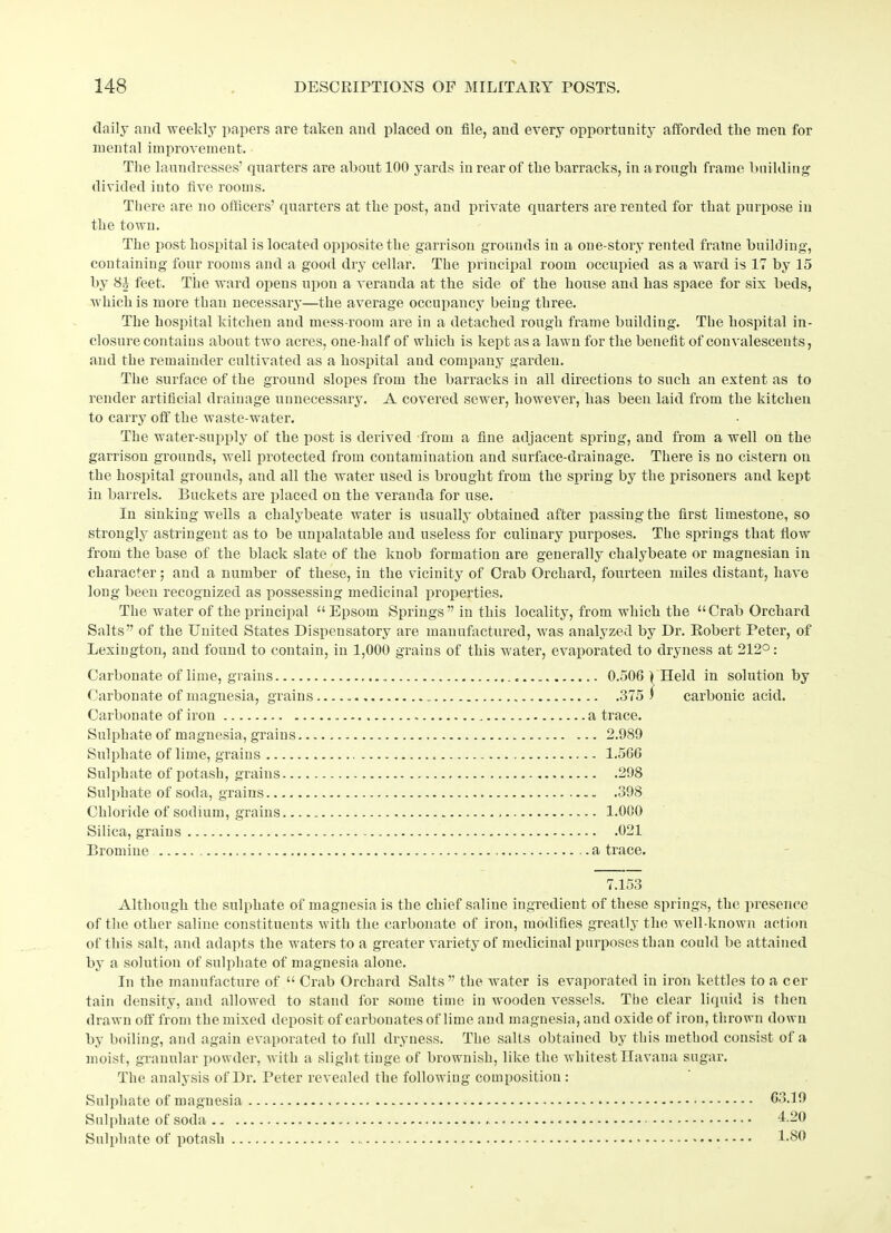 daily and weekly papers are taken and placed on file, and every opportunity afforded tlie men for mental improvement. The laundresses’ quarters are about 100 yards iu rear of the barracks, in a rough frame building divided into five rooms. There are no officers’ quarters at the post, and private quarters are rented for that purpose iu the town. The post hospital is located opposite the garrison grounds in a one-story rented frame building, containing four rooms and a good dry cellar. The principal room occupied as a ward is 17 by 15 by 8J feet. The ward opens upon a veranda at the side of the house and has space for six beds, which is more than necessary—the average occupancy being three. The hospital kitchen and mess-room are in a detached rough frame building. The hospital in- closure contains about two acres, one-half of which is kept as a lawn for the benefit of convalescents, and the remainder cultivated as a hospital and company garden. The surface of the ground slopes from the barracks in all directions to such an extent as to render artificial drainage unnecessary. A covered sewer, however, has been laid from the kitchen to carry off the waste-water. The water-supply of the post is derived from a fine adjacent spring, and from a well on the garrison grounds, well protected from contamination and surface-drainage. There is no cistern on the hospital grounds, and all the water used is brought from the spring by the prisoners and kept in barrels. Buckets are placed on the veranda for use. In sinking wells a chalybeate water is usually obtained after passing the first limestone, so strongly astringent as to be unpalatable and useless for culinary purposes. The springs that flow from the base of the black slate of the knob formation are generally chalybeate or magnesian in character; and a number of these, in the vicinity of Crab Orchard, fourteen miles distant, have long been recognized as possessing medicinal properties. The water of the principal “ Epsom Springs” in this locality, from which the “Crab Orchard Salts” of the United States Dispensatory are manufactured, was analyzed by Dr. Robert Peter, of Lexington, and found to contain, in 1,000 grains of this water, evaporated to dryness at 212°: Carbonate of lime, grains Carbonate of magnesia, grains Carbonate of iron Sulphate of magnesia, grains... Sulphate of lime, grains Sulphate of potash, grains Sulphate of soda, grains Chloride of sodium, grains Silica, grains Bromine ... 0.506 j Held in solution by . .. .375 S carbonic acid. . a trace. ... 2.989 ... 1.566 ... .298 ... .398 ... 1.000 ... .021 .. a trace. 7.153 Although the sulphate of magnesia is the chief saline ingredient of these springs, the presence of the other saline constituents with the carbonate of iron, modifies greatly the well-known action of this salt, and adapts the waters to a greater variety of medicinal purposes than could be attained by a solution of sulphate of magnesia alone. In the manufacture of “ Crab Orchard Salts” the water is evaporated in iron kettles to a cer tain density, and allowed to stand for some time in wooden vessels. The clear liquid is then drawn off from the mixed deposit of carbonates of lime and magnesia, and oxide of iron, thrown down by boiling, and again evaporated to full dryness. The salts obtained by this method consist of a moist, granular powder, with a slight tinge of bi’ownish, like the whitest Havana sugar. The analysis of Dr. Peter revealed the following composition : Sulphate of magnesia 63.19 Sulphate of soda 4.20 Sulphate of potash - 1-80