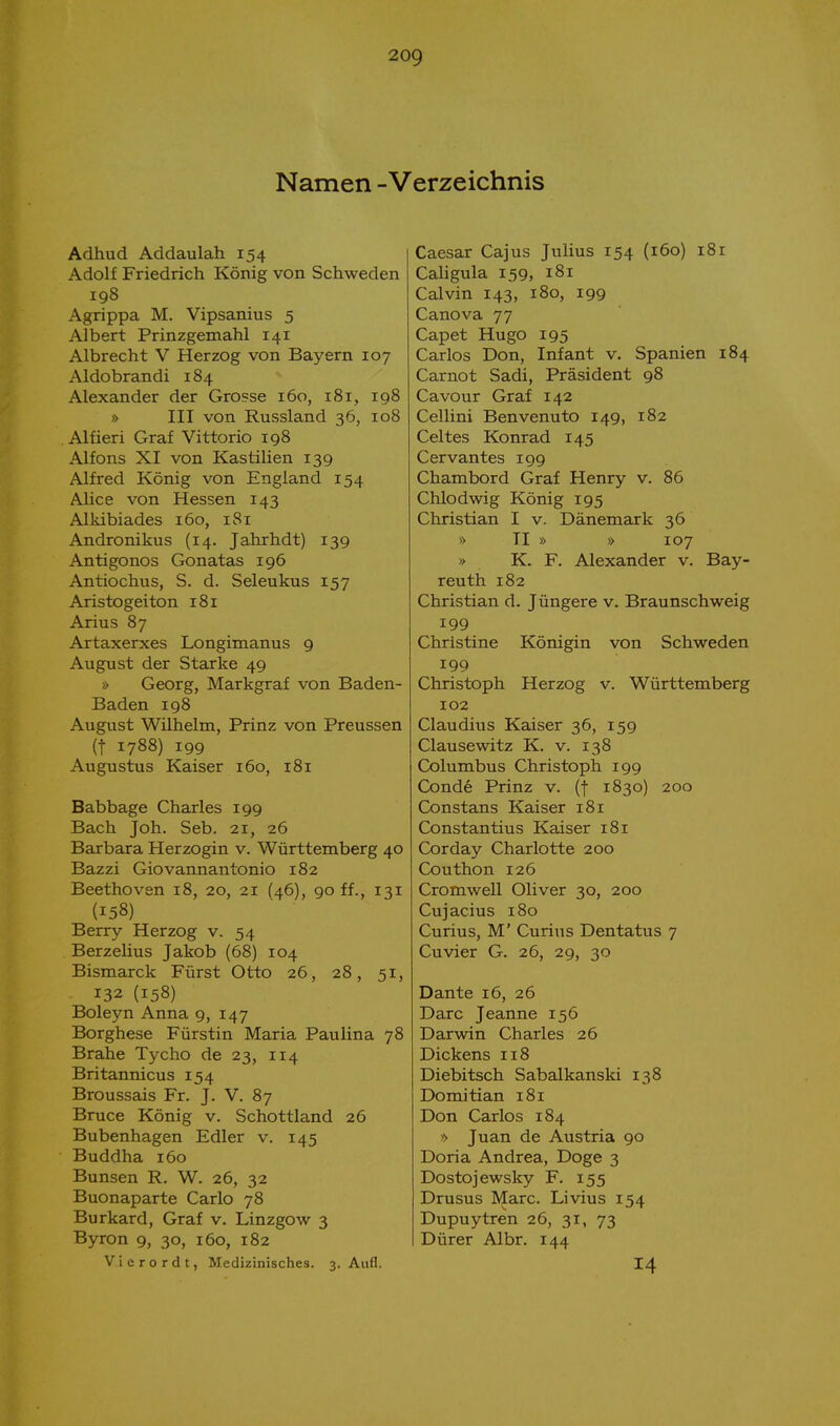 Namen - Verzeichnis Adhud Addaulah 154 Adolf Friedrich König von Schweden 198 Agrippa M. Vipsanius 5 Albert Prinzgemahl 141 Albrecht V Herzog von Bayern 107 Aldobrandi 184 Alexander der Grosse 160, 181, 198 » III von Russland 36, 108 Alfieri Graf Vittorio 198 Alfons XI von Kastilien 139 Alfred König von England 154 Alice von Hessen 143 Alkibiades 160, 181 Andronikus (14. Jahrhdt) 139 Antigonos Gonatas 196 Antiochus, S. d. Seleukus 157 Aristogeiton 181 Arius 87 Artaxerxes Longimanus 9 August der Starke 49 » Georg, Markgraf von Baden- Baden 198 August Wilhelm, Prinz von Preussen (t 1788) 199 Augustus Kaiser 160, 181 Babbage Charles 199 Bach Joh. Seb. 21, 26 Barbara Herzogin v. Württemberg 40 Bazzi Giovannantonio 182 Beethoven 18, 20, 21 (46), 90 ff., 131 (158) Berry Herzog v. 54 Berzelius Jakob (68) 104 Bismarck Fürst Otto 26, 28, 51, 132 (158) Boleyn Anna 9, 147 Borghese Fürstin Maria Paulina 78 Brahe Tycho de 23, 114 Britannicus 154 Broussais Fr. J. V. 87 Bruce König v. Schottland 26 Bubenhagen Edler v. 145 Buddha 160 Bunsen R. W. 26, 32 Buonaparte Carlo 78 Burkard, Graf v. Linzgow 3 Byron 9, 30, 160, 182 V i e r o r d t, Medizinisches. 3. Aufl. Caesar Cajus Julius 154 (i6o) 18r Cahgula 159, 181 Calvin 143, 180, 199 Canova 77 Capet Hugo 195 Carlos Don, Infant v. Spanien 184 Carnot Sadi, Präsident 98 Cavour Graf 142 Cellini Benvenuto 149, 182 Celtes Konrad 145 Cervantes 199 Chambord Graf Henry v. 86 Chlodwig König 195 Christian I v. Dänemark 36 » II » » 107 » K. F. Alexander v. Bay- reuth 182 Christian d. Jüngere v. Braunschweig 199 Christine Königin von Schweden 199 Christoph Herzog v. Württemberg 102 Claudius Kaiser 36, 159 Clausewitz K. v. 138 Columbus Christoph 199 Conde Prinz v. (f 1830) 200 Constans Kaiser 181 Constantius Kaiser 181 Corday Charlotte 200 Couthon 126 Cromwell Oliver 30, 200 Cujacius 180 Curius, M' Curius Dentatus 7 Cuvier G. 26, 29, 30 Dante 16, 26 Darc Jeanne 156 Darwin Charles 26 Dickens 118 Diebitsch Sabalkanski 138 Domitian 181 Don Carlos 184 » Juan de Austria 90 Doria Andrea, Doge 3 Dostojewsky F. 155 Drusus Marc. Livius 154 Dupuytren 26, 31, 73 Dürer Albr. 144 14